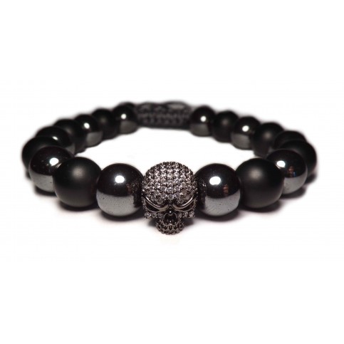 Le bracelet perles hematites et tete de mort argent