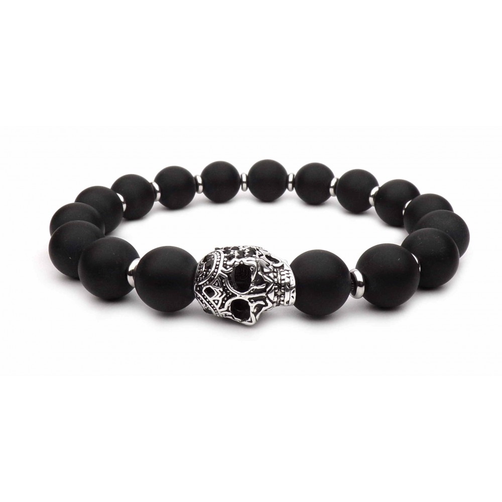 bracelet tete de mort argent et perles noir mat onyx 10mm