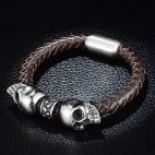 Braclet deux têtes de mort sur cuir pour homme