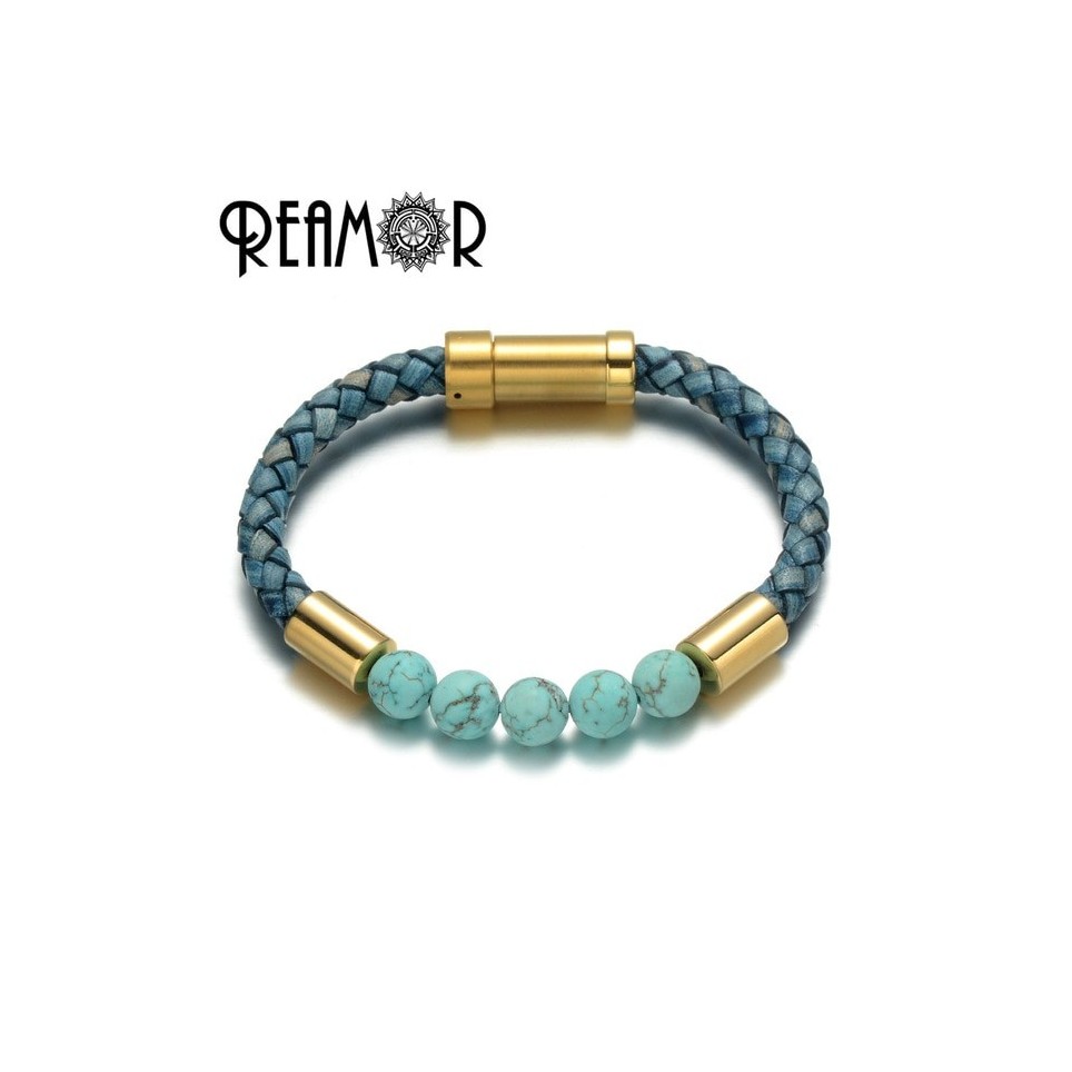 Bracelet cuir et perles bleu