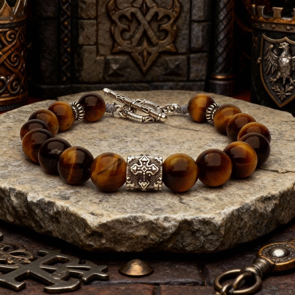 bracelet oeil de tigre et croix argent