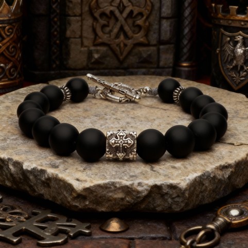 bracelet pierre noir et croix argent homme