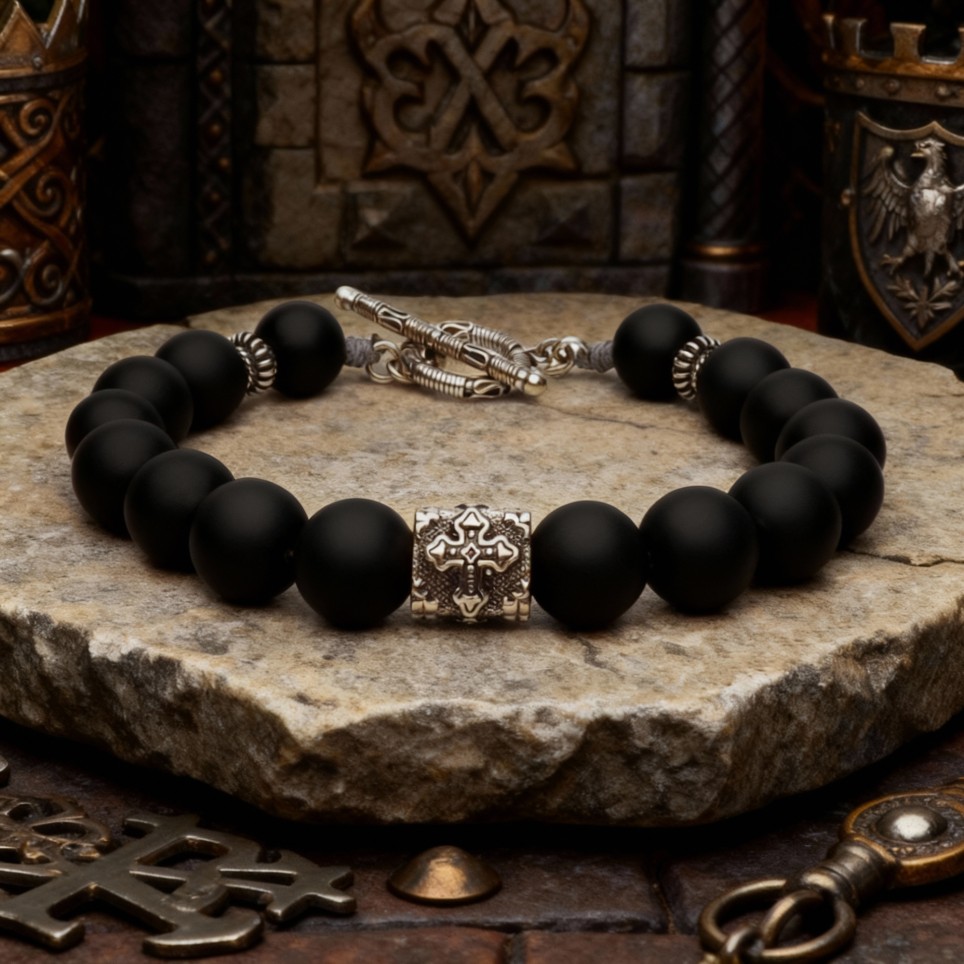 bracelet pierre noir et croix argent homme