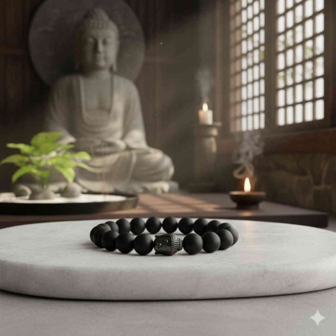 bracelet tete de bouddha et perles noir mat