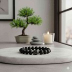 bracelet tete de bouddha et perles noir mat