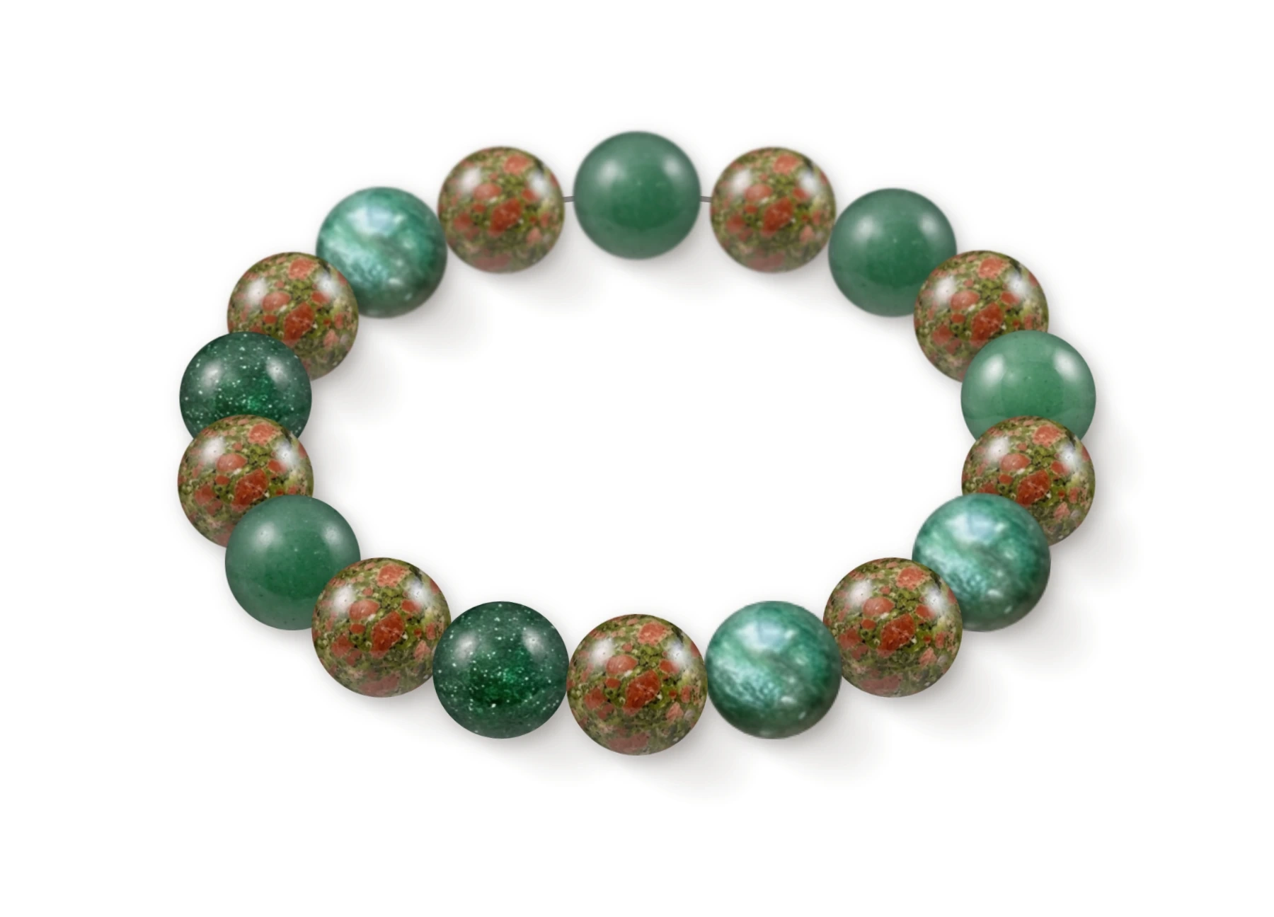 Natural stone bracelet made of Aventurine (×9), Unakite (×9), perspective view