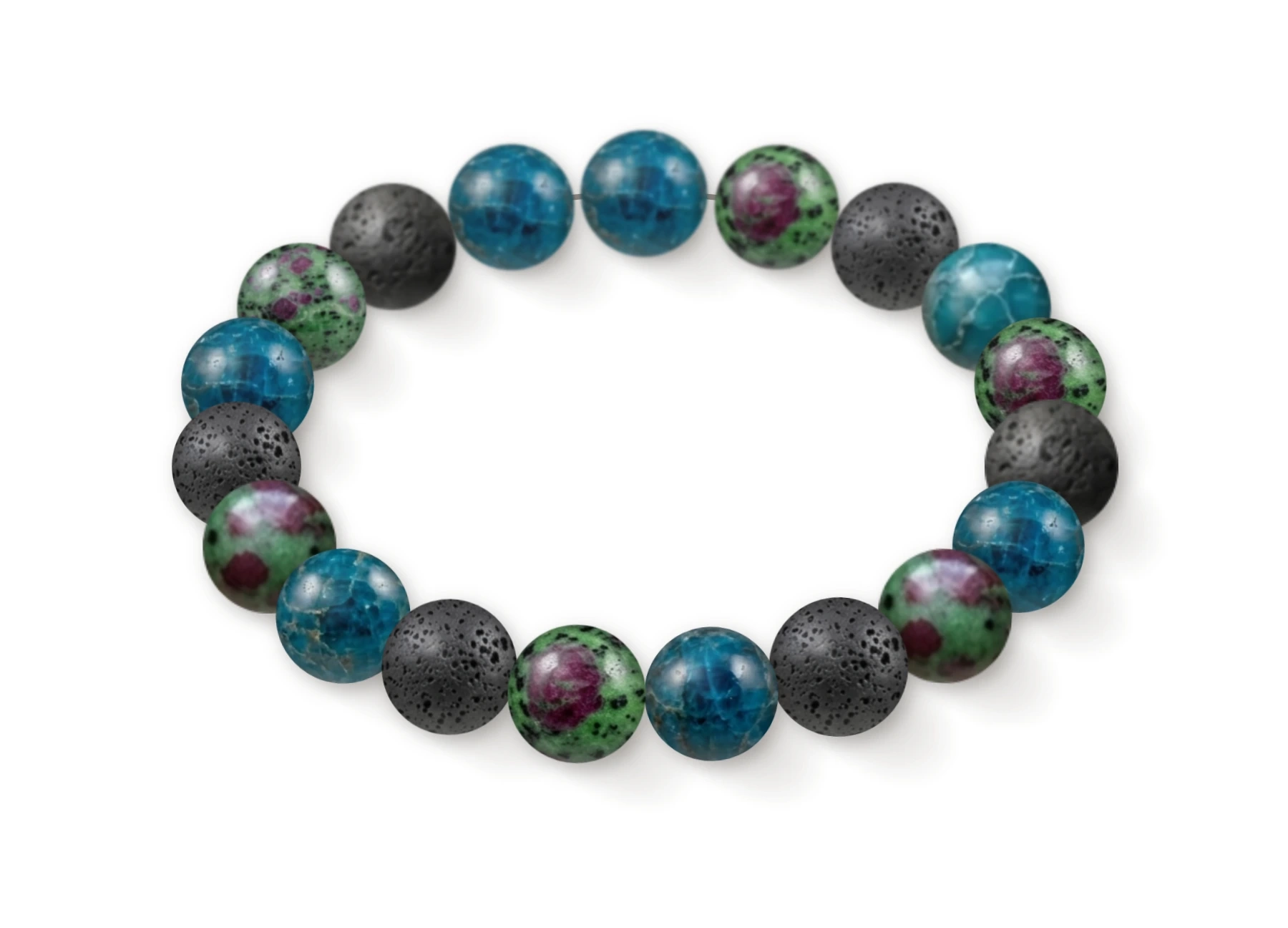 Natural stone bracelet made of Blue Apatite (×7), Ruby Zoisite (×6), Lava Stone (×6), perspective view