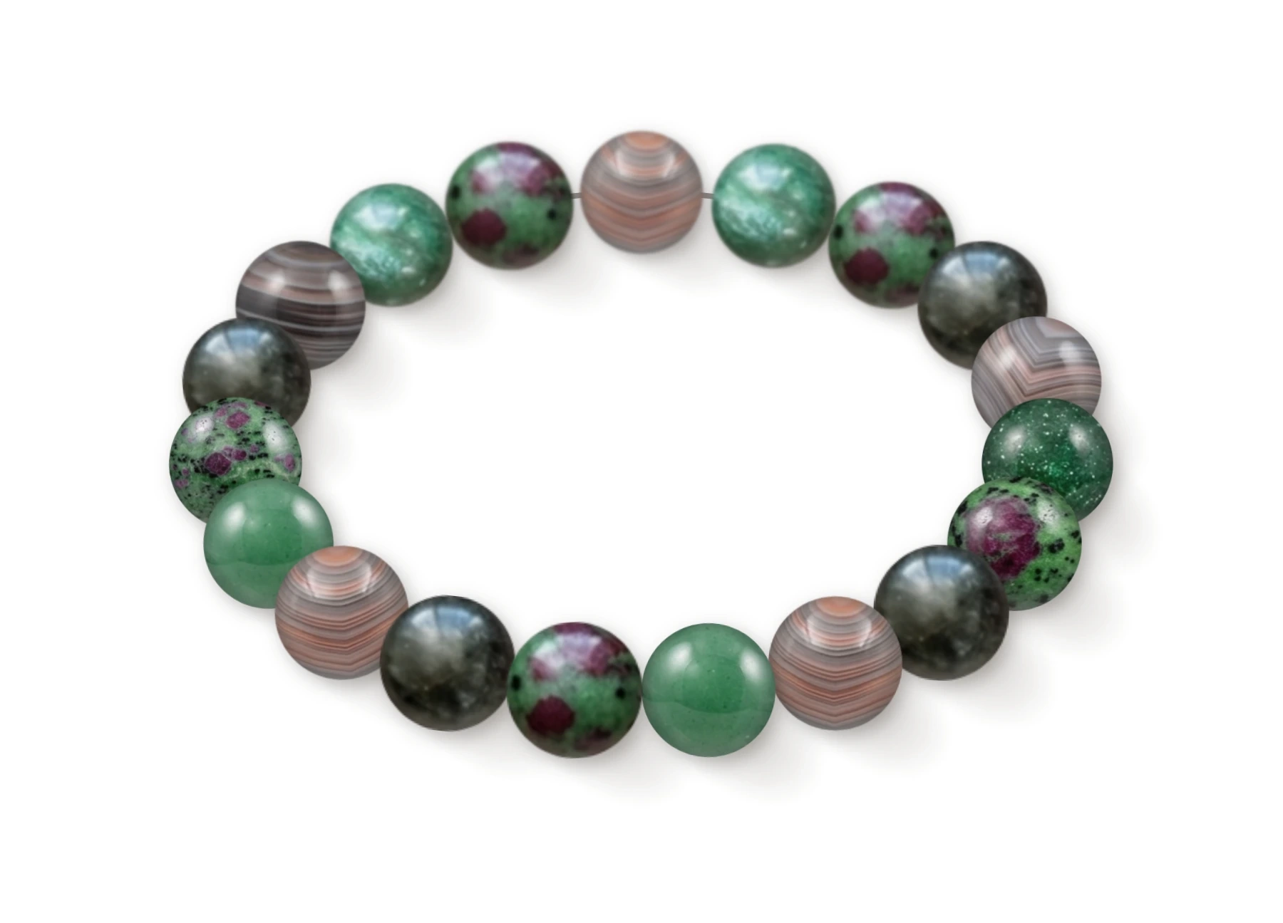 Natural stone bracelet made of Botswana Agate (×5), Aventurine (×5), Ruby Zoisite (×5), Tourmaline (×4), perspective view