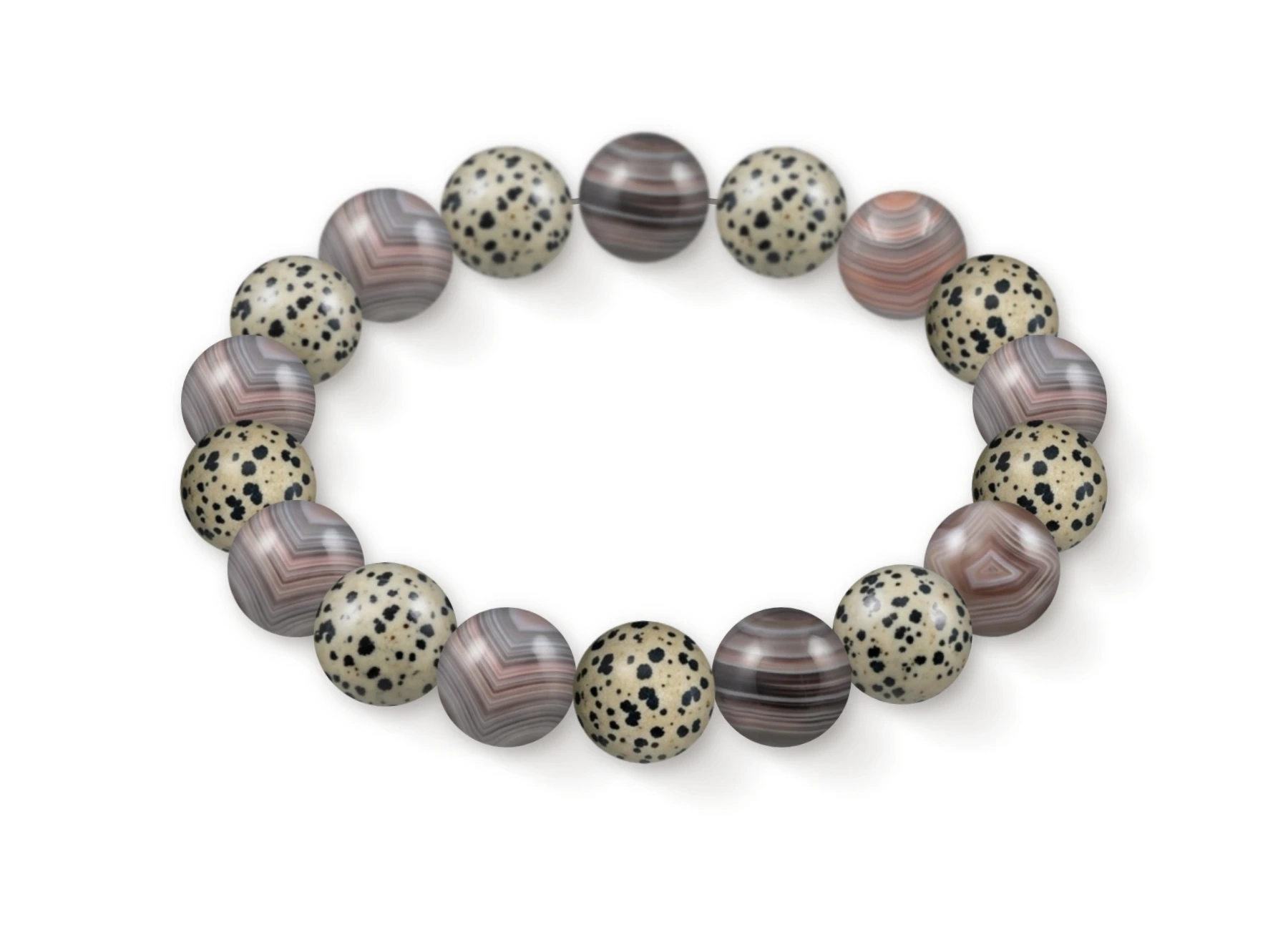 Natural stone bracelet made of Botswana Agate (×9), Dalmatian Jasper (×9), perspective view