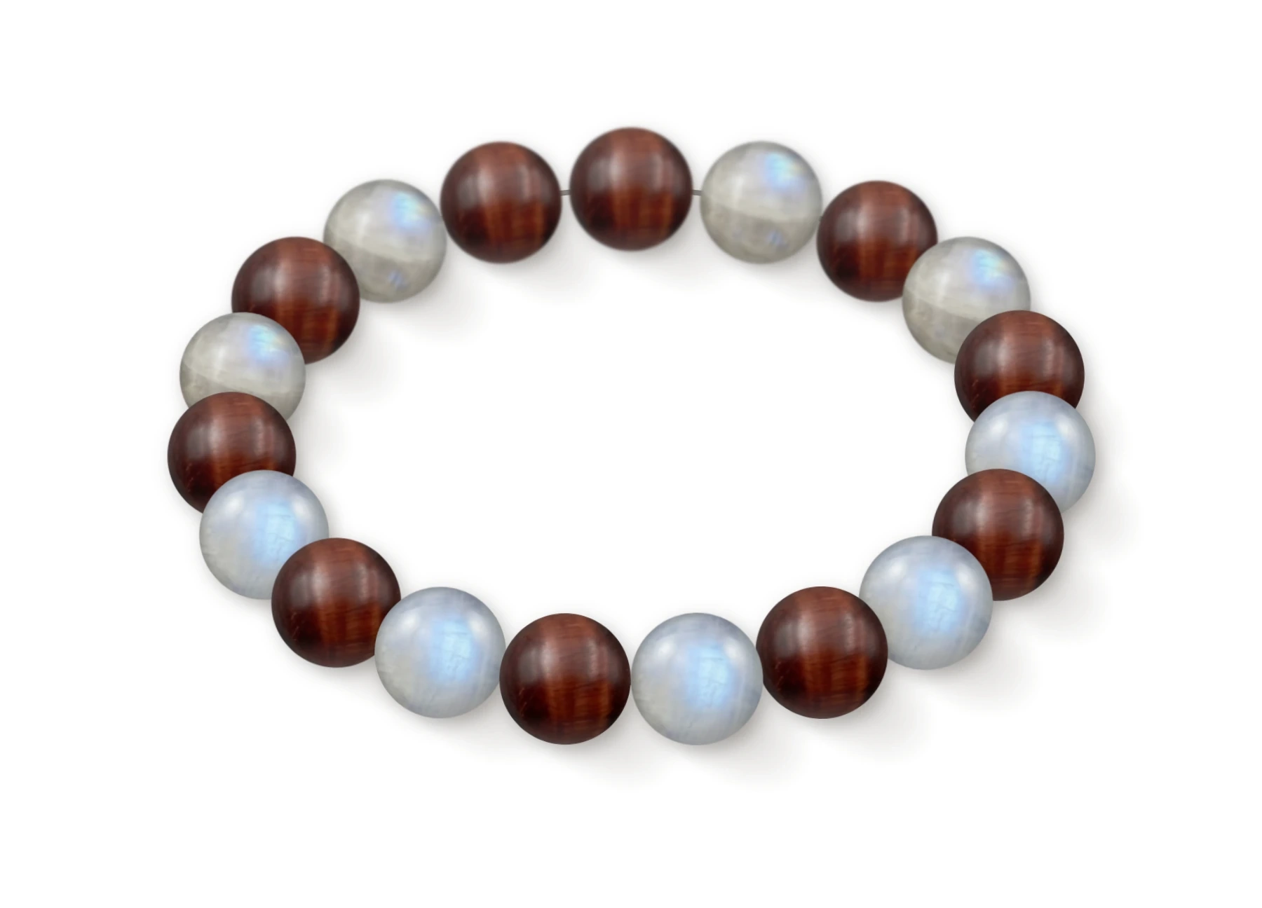 Natural stone bracelet made of Bull's Eye (×10), Moonstone (×9), perspective view