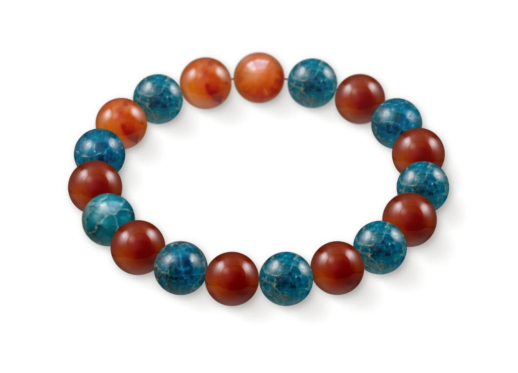 Natural stone bracelet made of Carnelian (×10), Blue Apatite (×9), perspective view