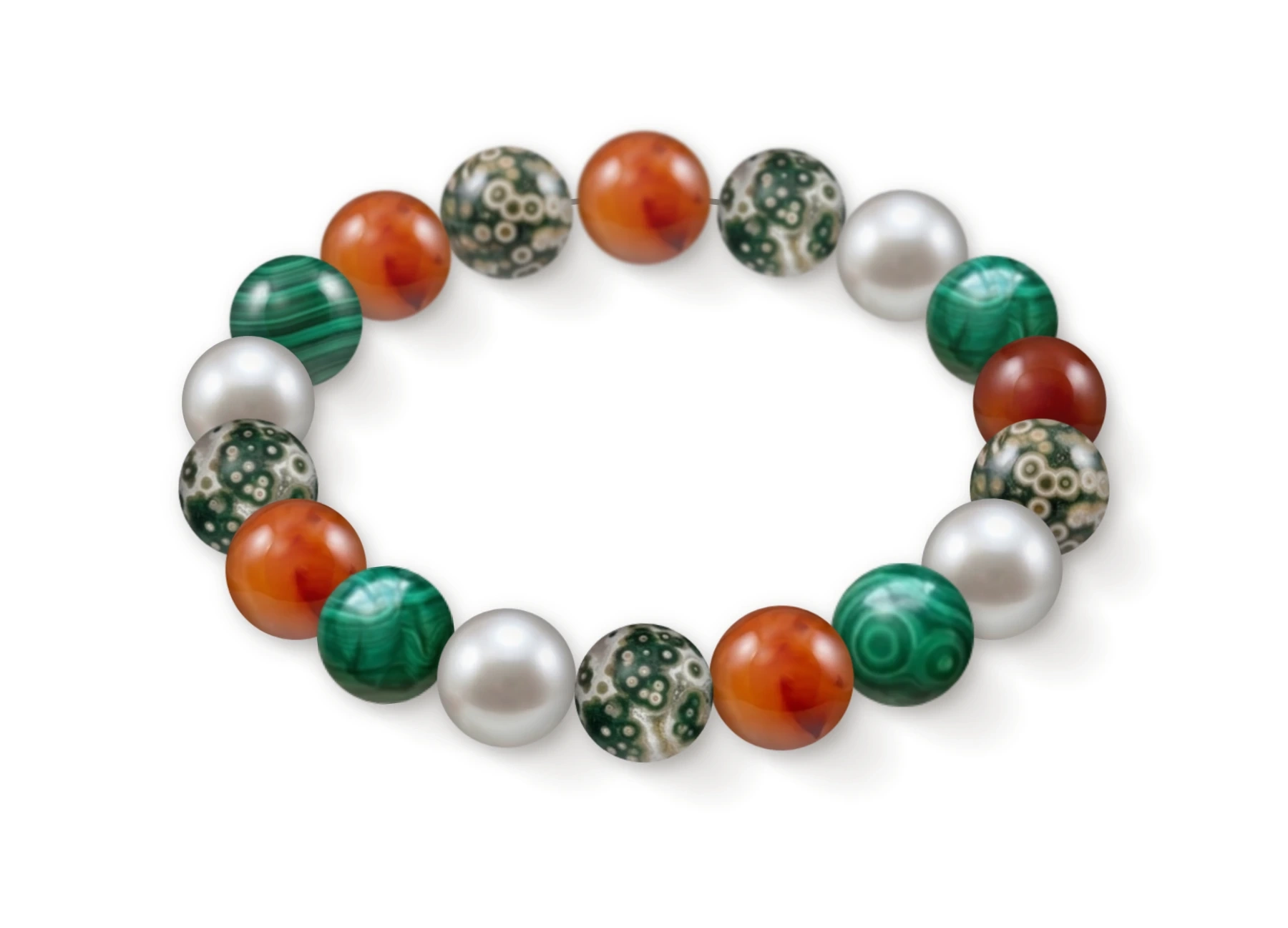 Natural stone bracelet made of Carnelian (×5), Ocean Jasper (×5), Akoya Pearl (×4), Malachite (×4), perspective view