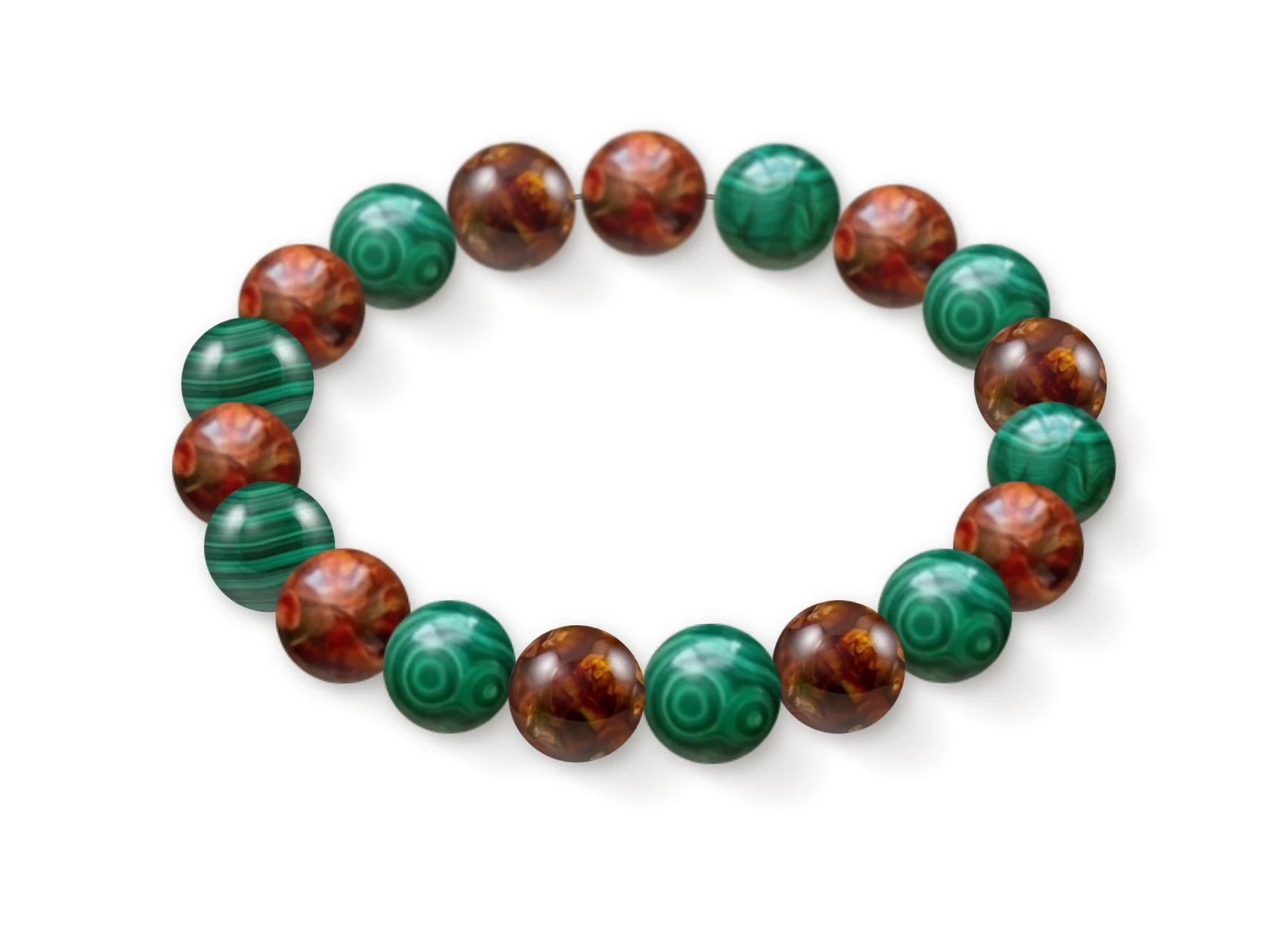 Natural stone bracelet made of Fire Agate (×10), Malachite (×9), perspective view