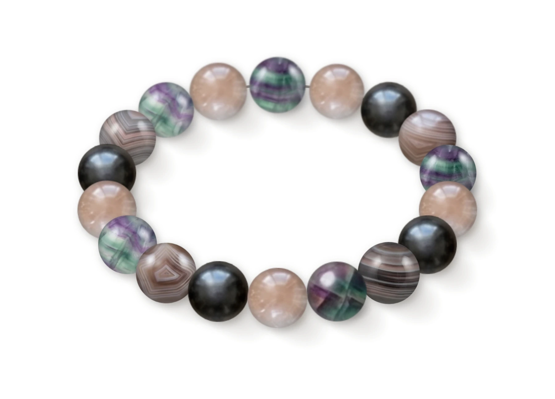 Natural stone bracelet made of Fluorite (×5), Kunzite (×5), Obsidian (×4), Botswana Agate (×4), perspective view