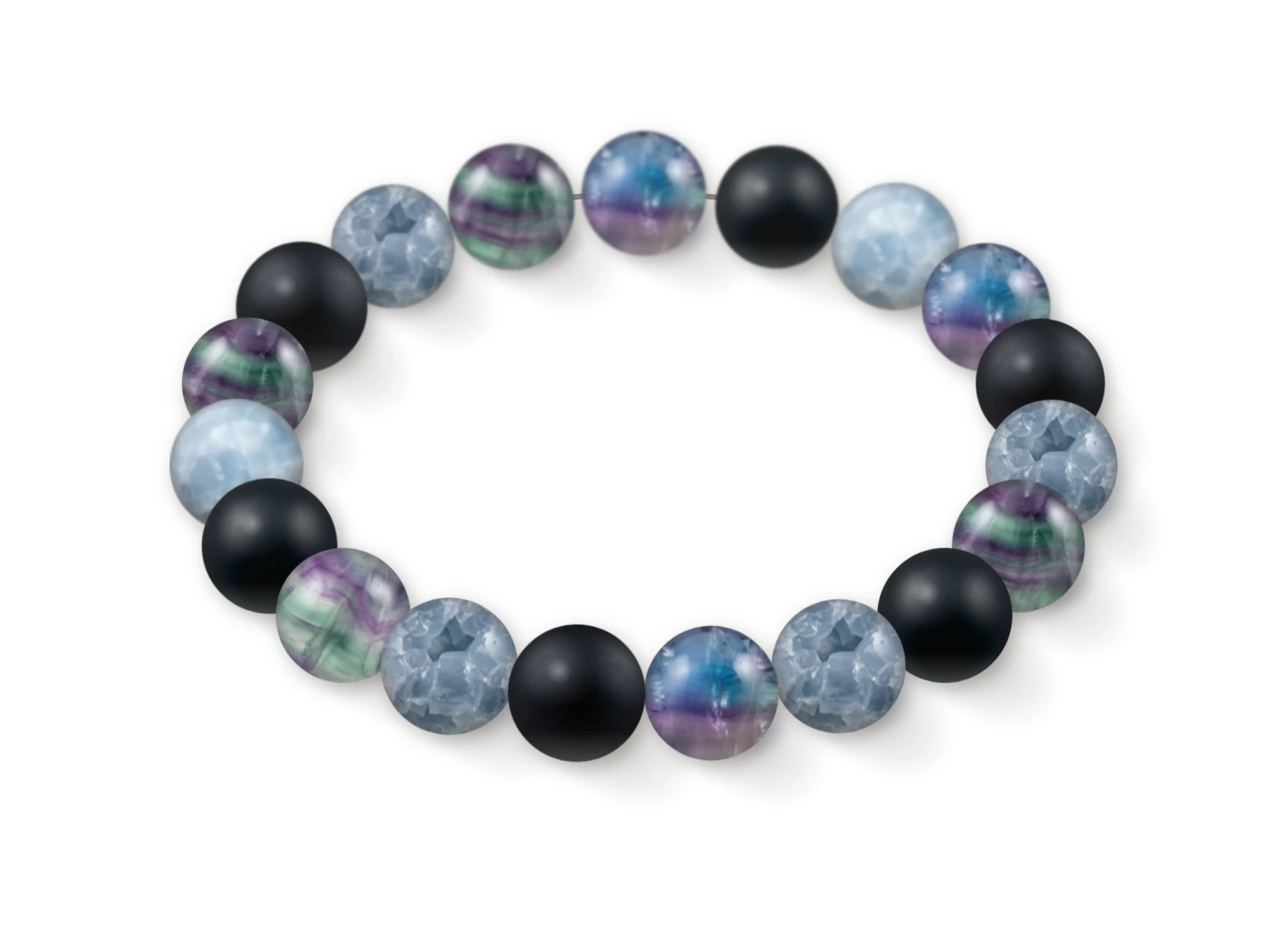 Natural stone bracelet made of Fluorite (×7), Matte Onyx (×6), Celestite (×6), perspective view