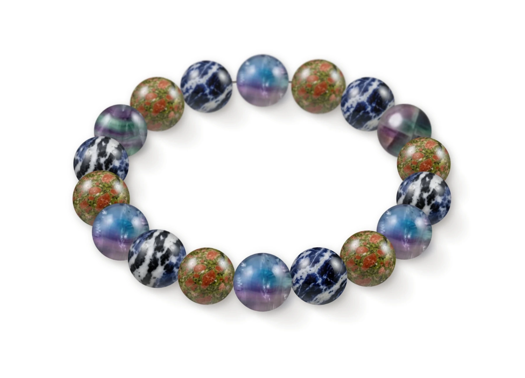 Natural stone bracelet made of Fluorite (×6), Unakite (×6), Zebra Sodalite (×6), perspective view