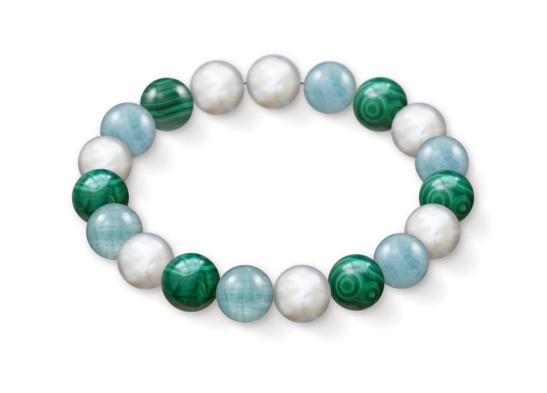 Natural stone bracelet made of Freshwater Pearl (×7), Aquamarine (×6), Malachite (×6), perspective view
