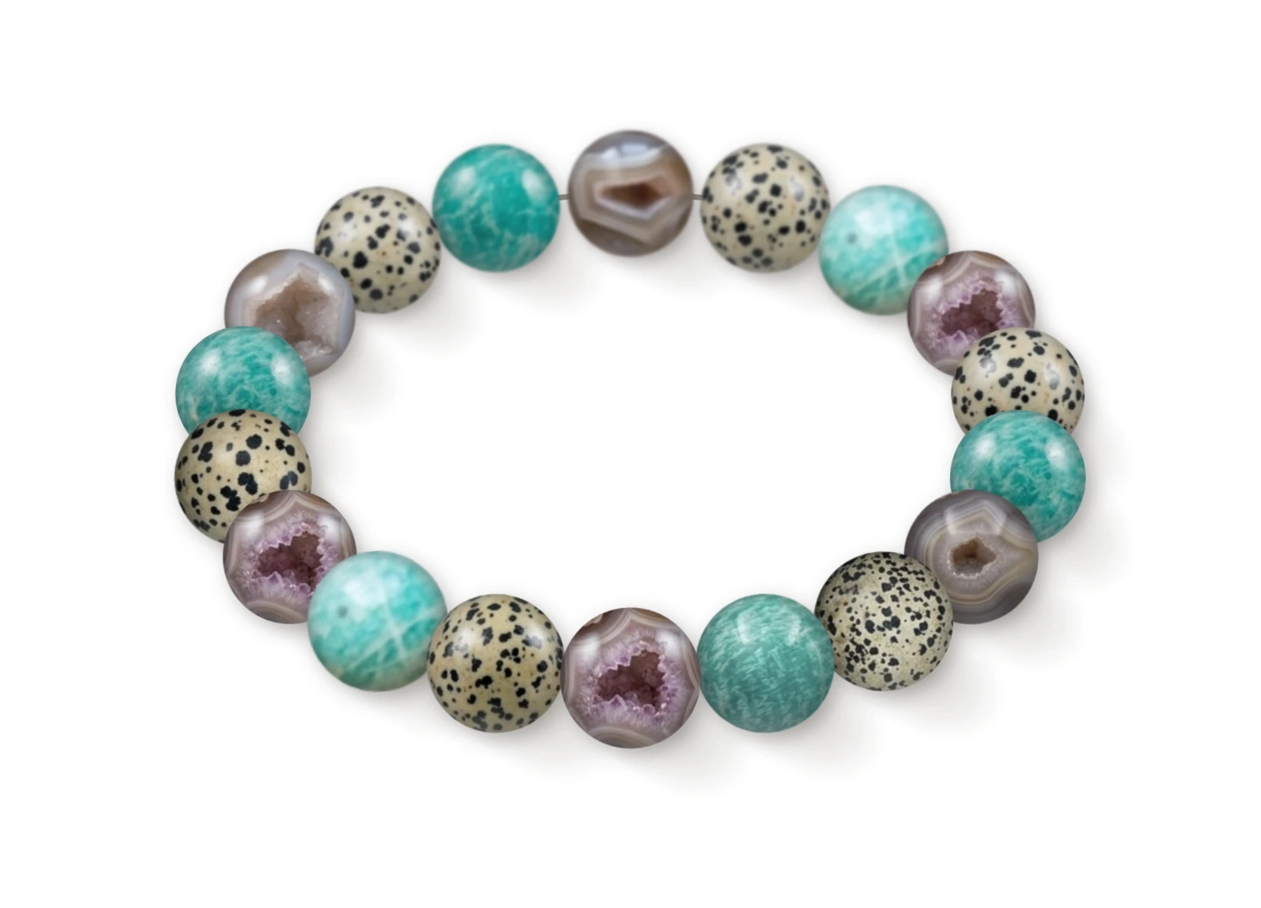 Natural stone bracelet made of Geode Agate (×6), Dalmatian Jasper (×6), Amazonite (×6), perspective view
