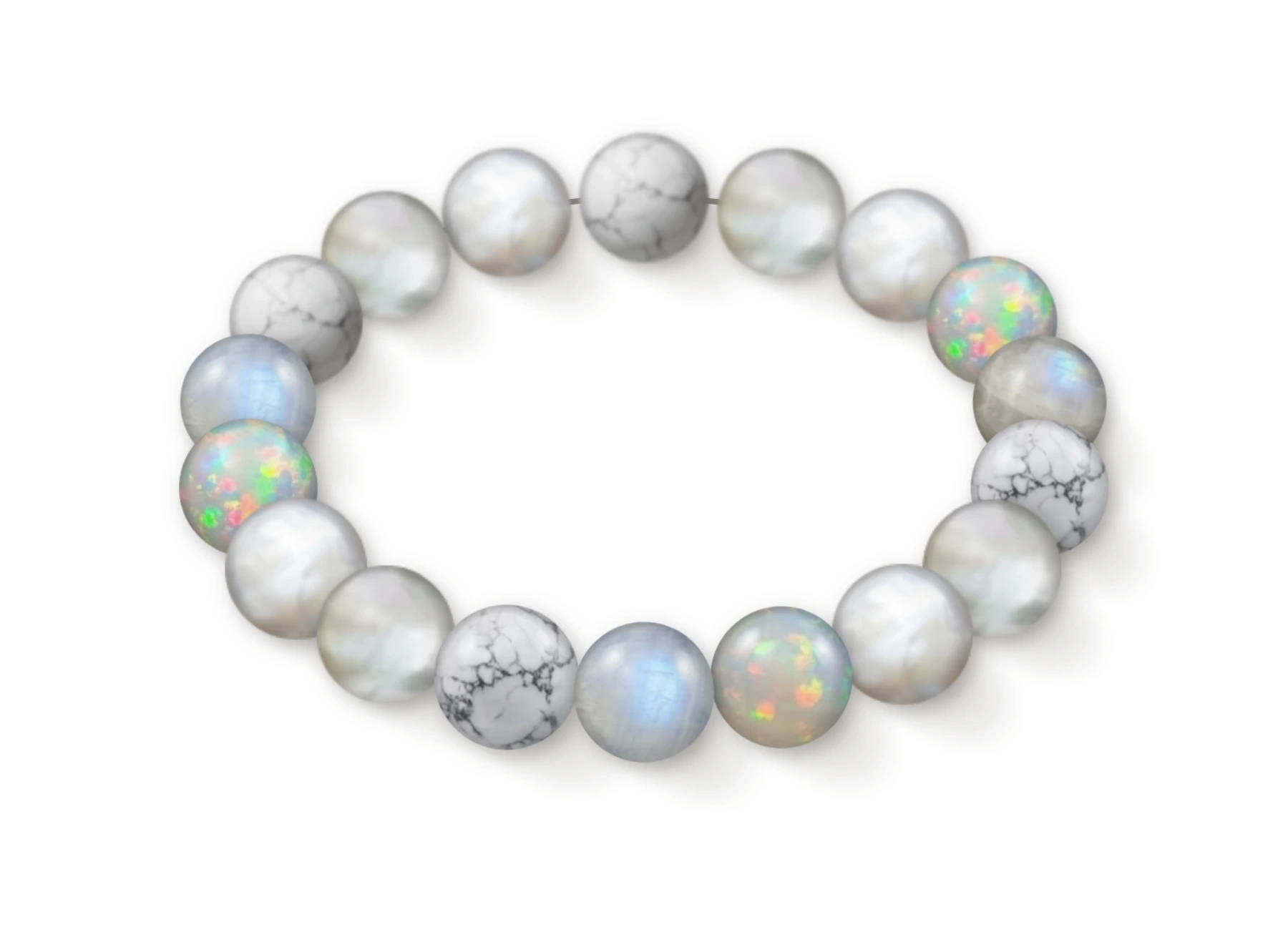 Natural stone bracelet made of Howlite (×4), Mother of Pearl (×4), Freshwater Pearl (×4), Opale (×3), Moonstone (×3), perspective view