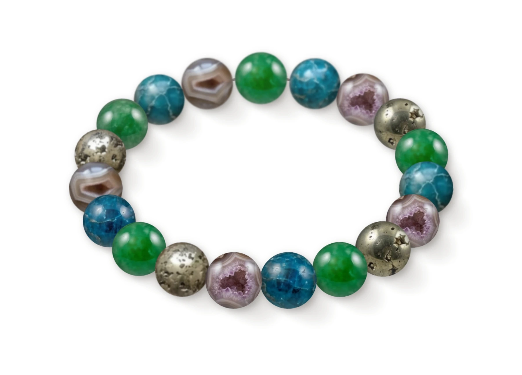 Natural stone bracelet made of Green Dyed Quartz (Malaysia Jade) (×5), Blue Apatite (×5), Geode Agate (×5), Pyrite (×4), perspective view