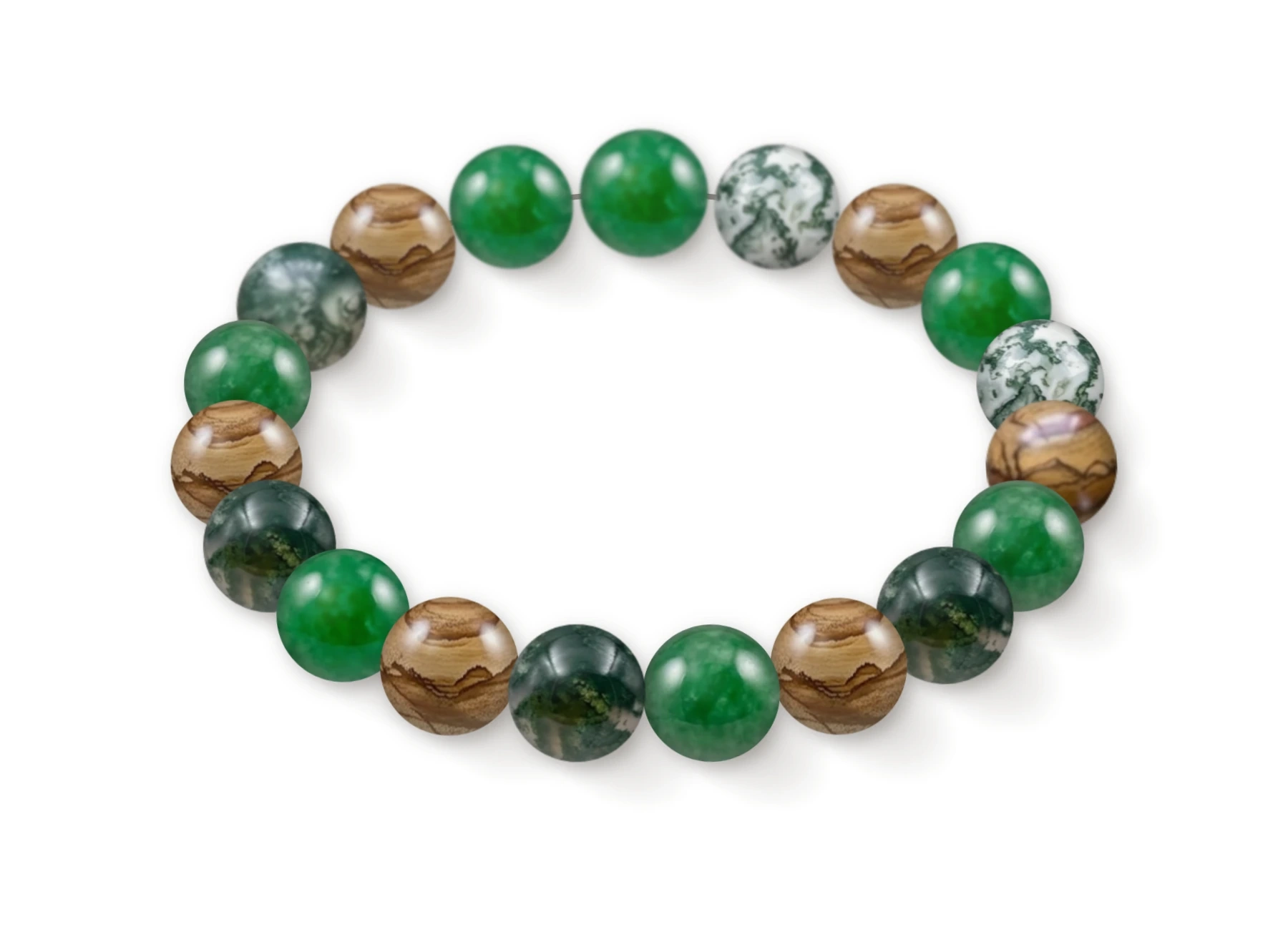Natural stone bracelet made of Green Dyed Quartz (Malaysia Jade) (×7), Moss Agate (×6), Picture Jasper (×6), perspective view