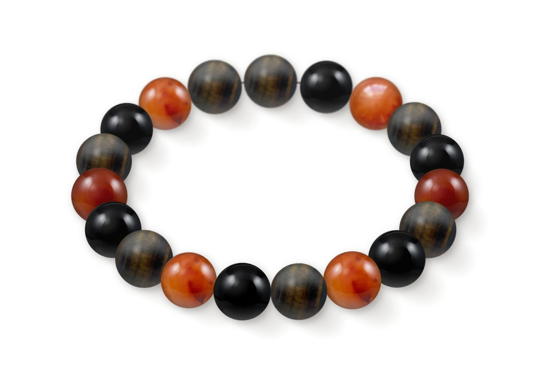 Natural stone bracelet made of Iron Eye (×7), Black Onyx (×6), Carnelian (×6), perspective view
