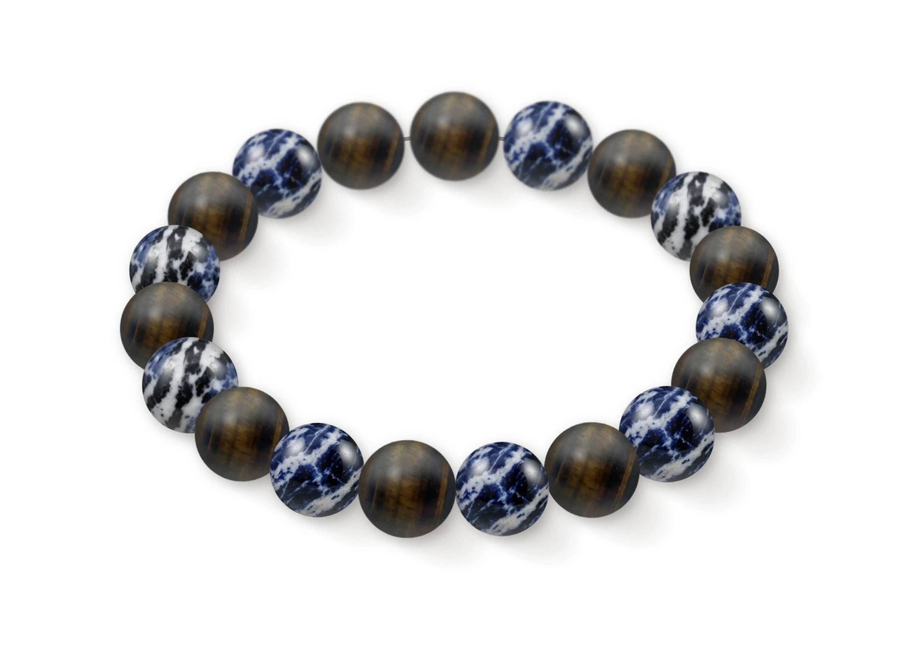 Natural stone bracelet made of Iron Eye (×10), Zebra Sodalite (×9), perspective view