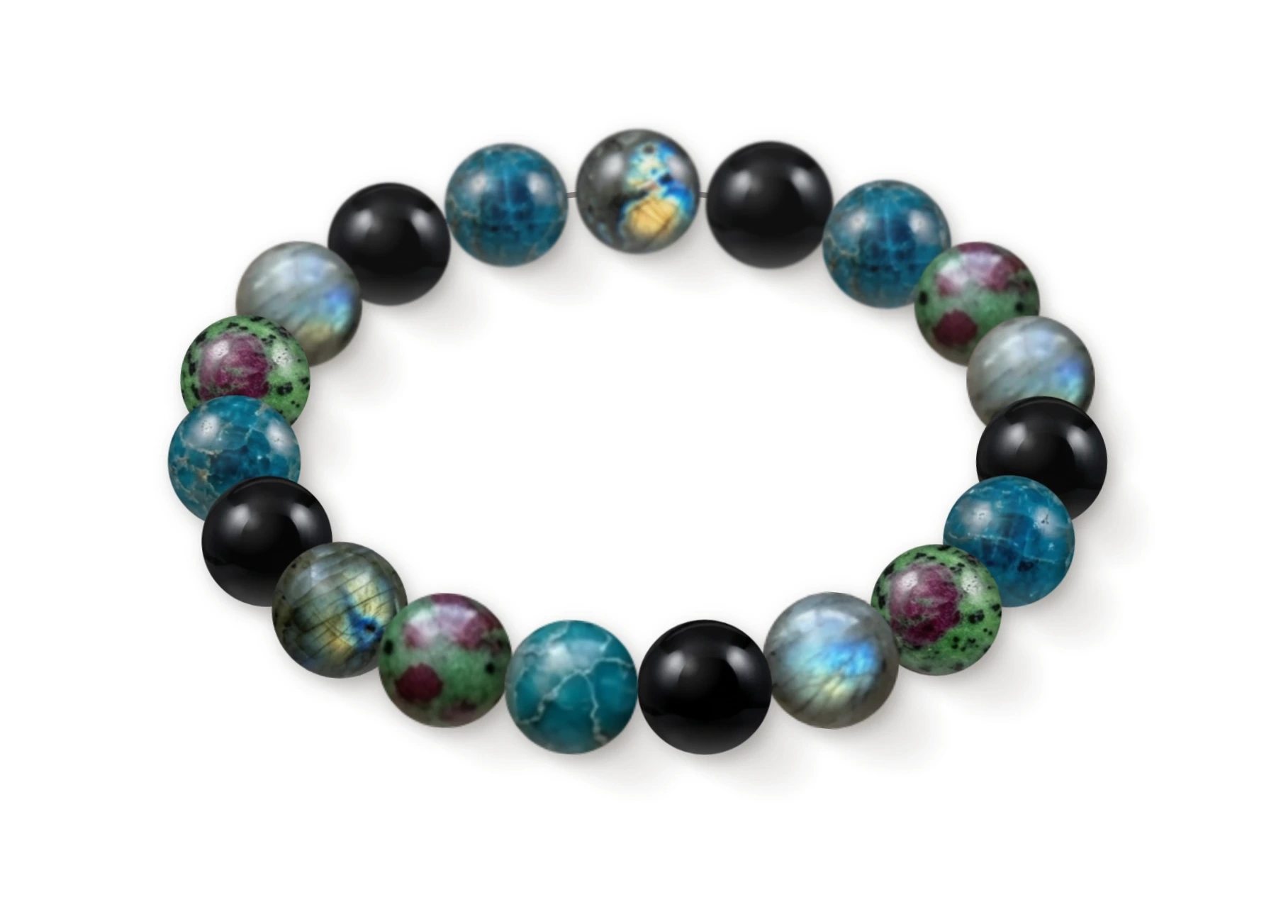 Natural stone bracelet made of Labradorite (×5), Black Onyx (×5), Blue Apatite (×5), Ruby Zoisite (×4), perspective view