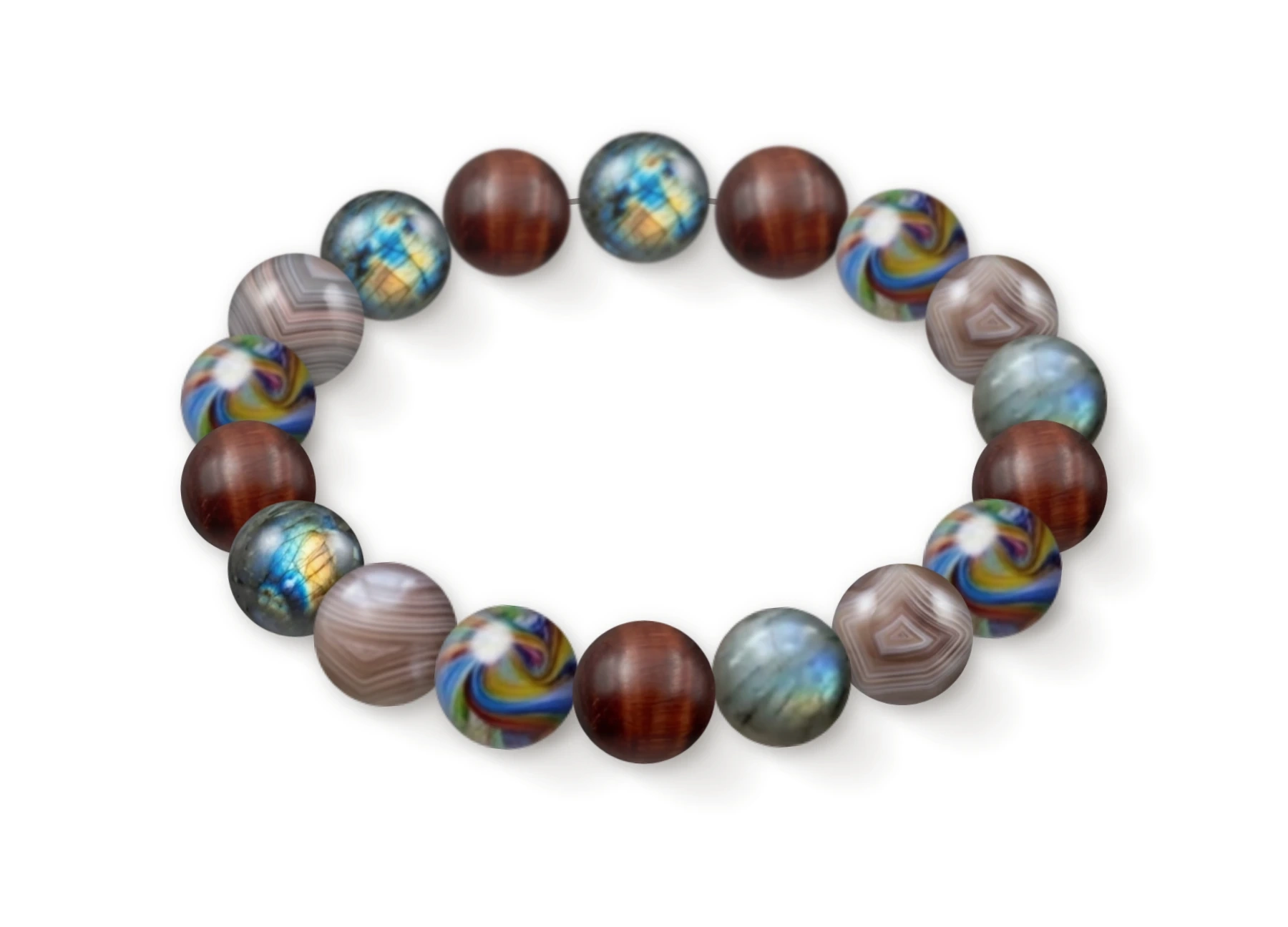 Natural stone bracelet made of Labradorite (×5), Bull's Eye (×5), Murano Glass (×4), Botswana Agate (×4), perspective view