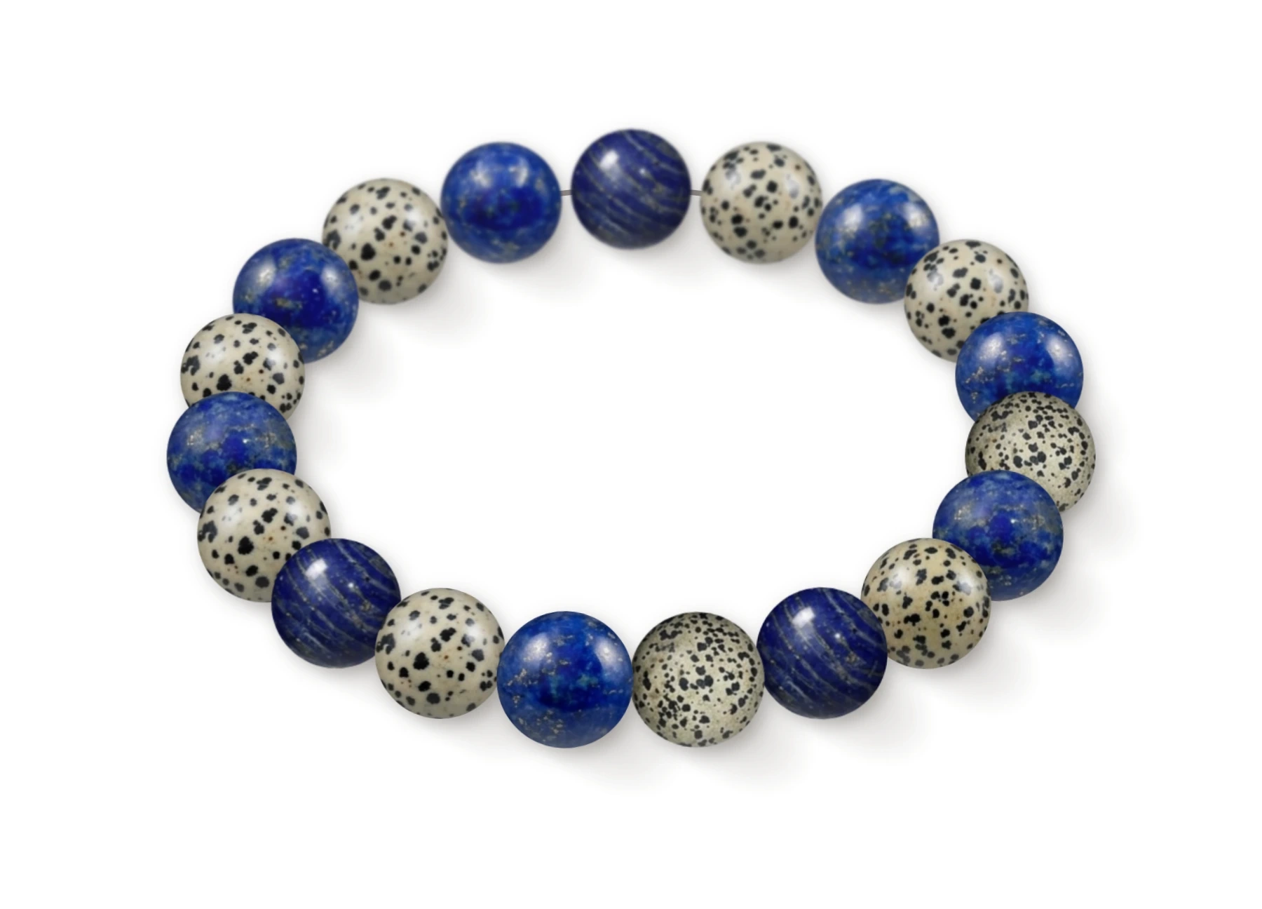 Natural stone bracelet made of Lapis Lazuli (×10), Dalmatian Jasper (×9), perspective view