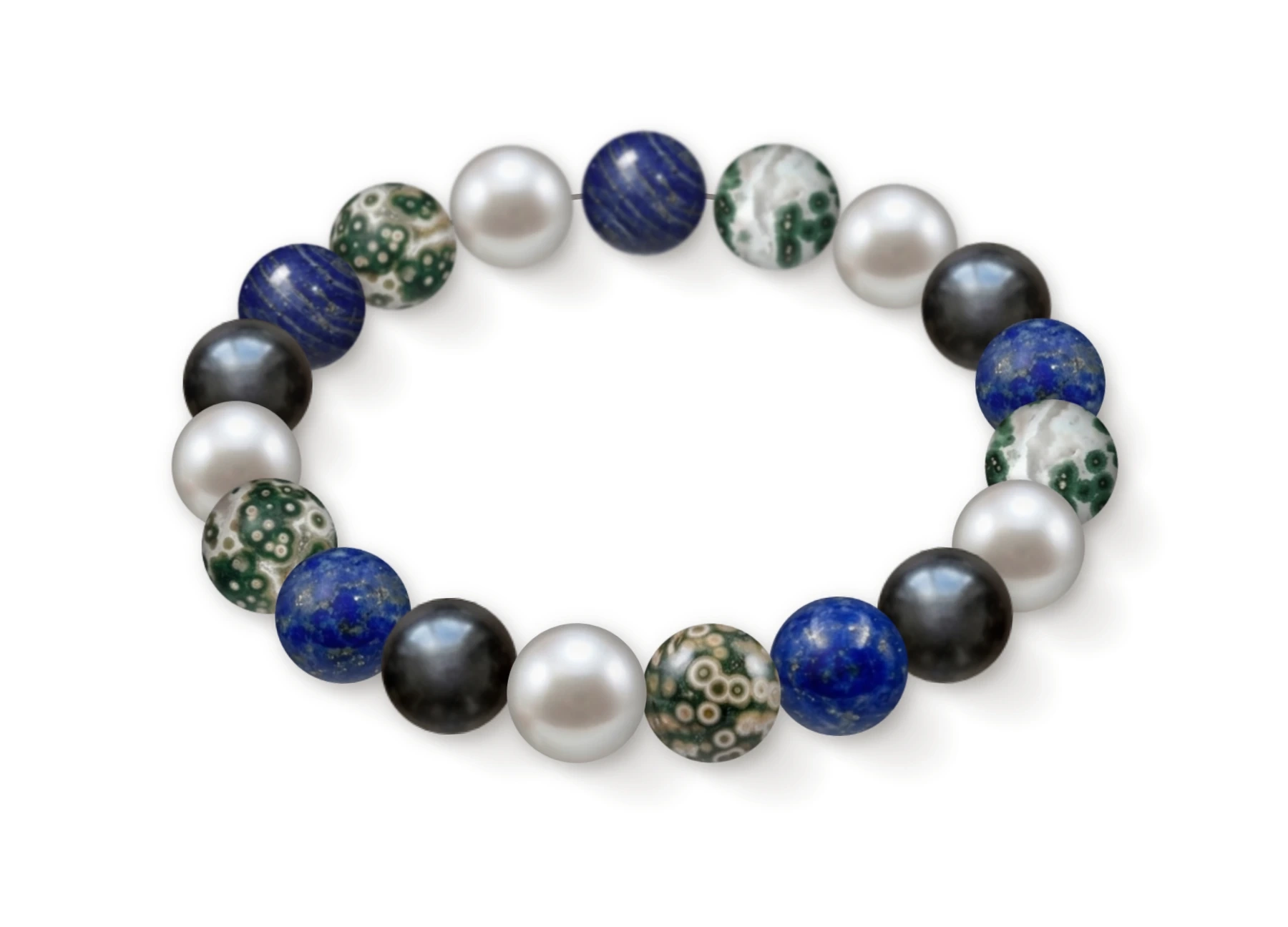 Natural stone bracelet made of Lapis Lazuli (×5), Ocean Jasper (×5), Akoya Pearl (×5), Obsidian (×4), perspective view