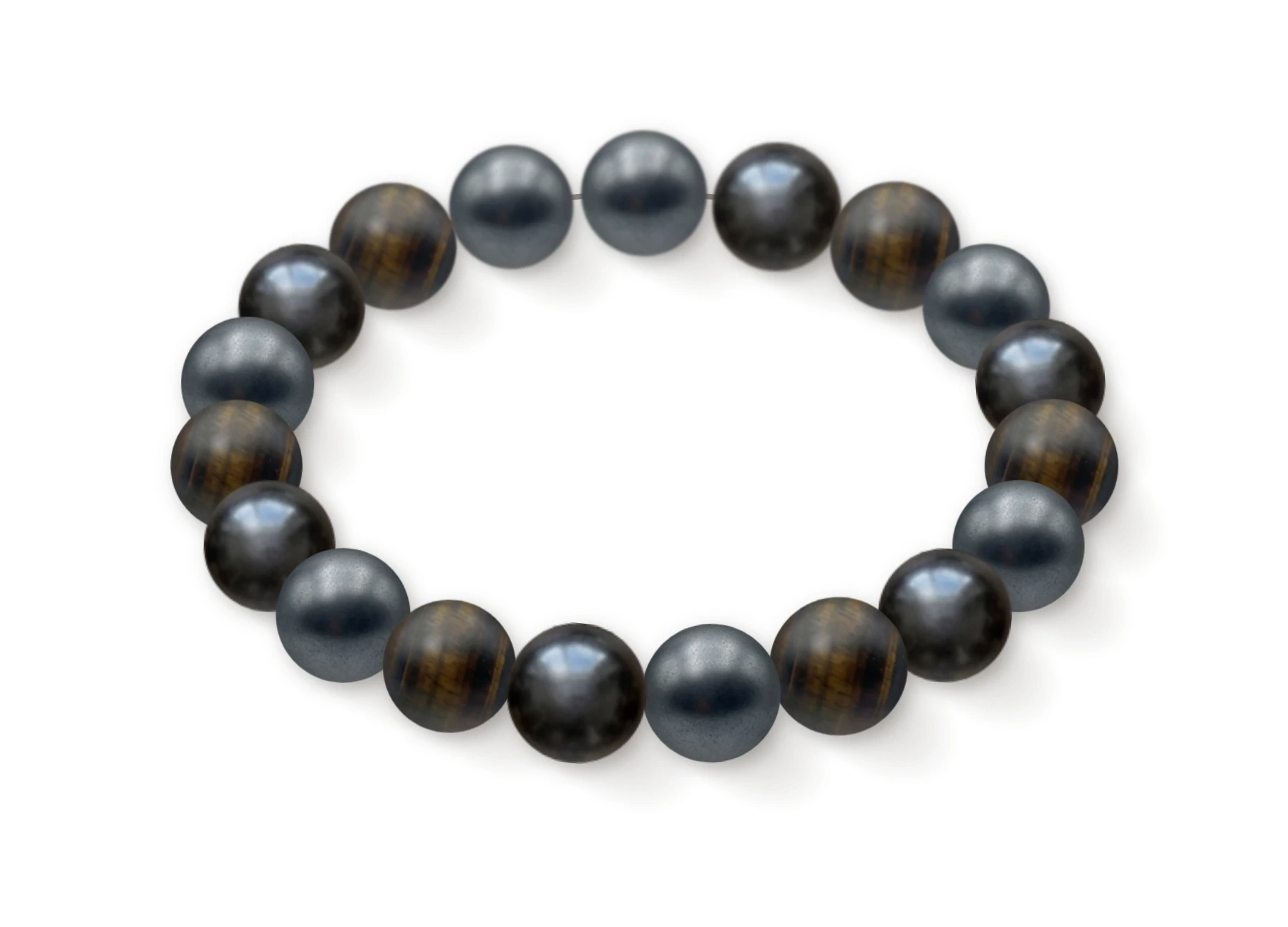 Natural stone bracelet made of Matte Hematite (×7), Obsidian (×6), Iron Eye (×6), perspective view
