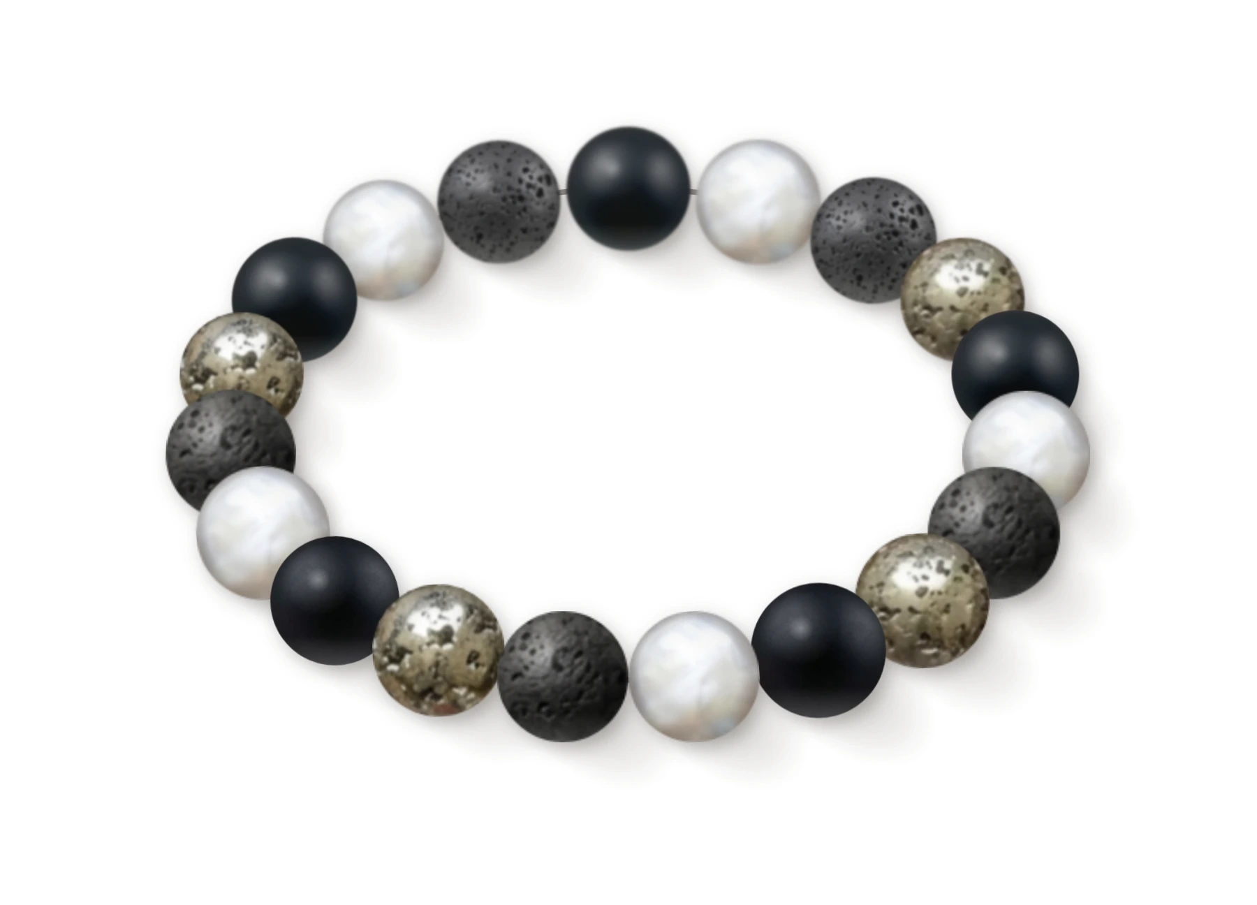 Natural stone bracelet made of Matte Onyx (×5), Freshwater Pearl (×5), Lava Stone (×5), Pyrite (×4), perspective view