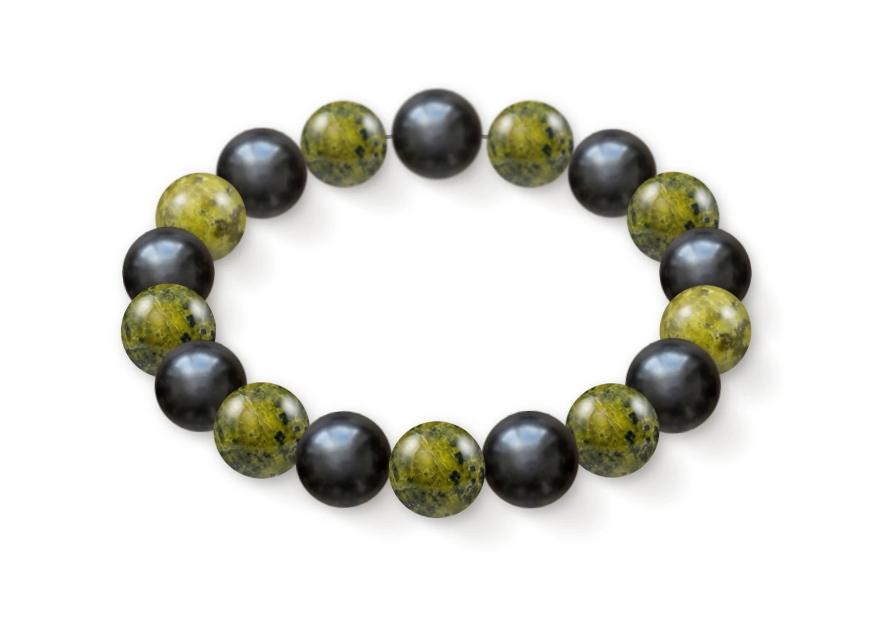 Natural stone bracelet made of Obsidian (×9), Serpentine (×9), perspective view