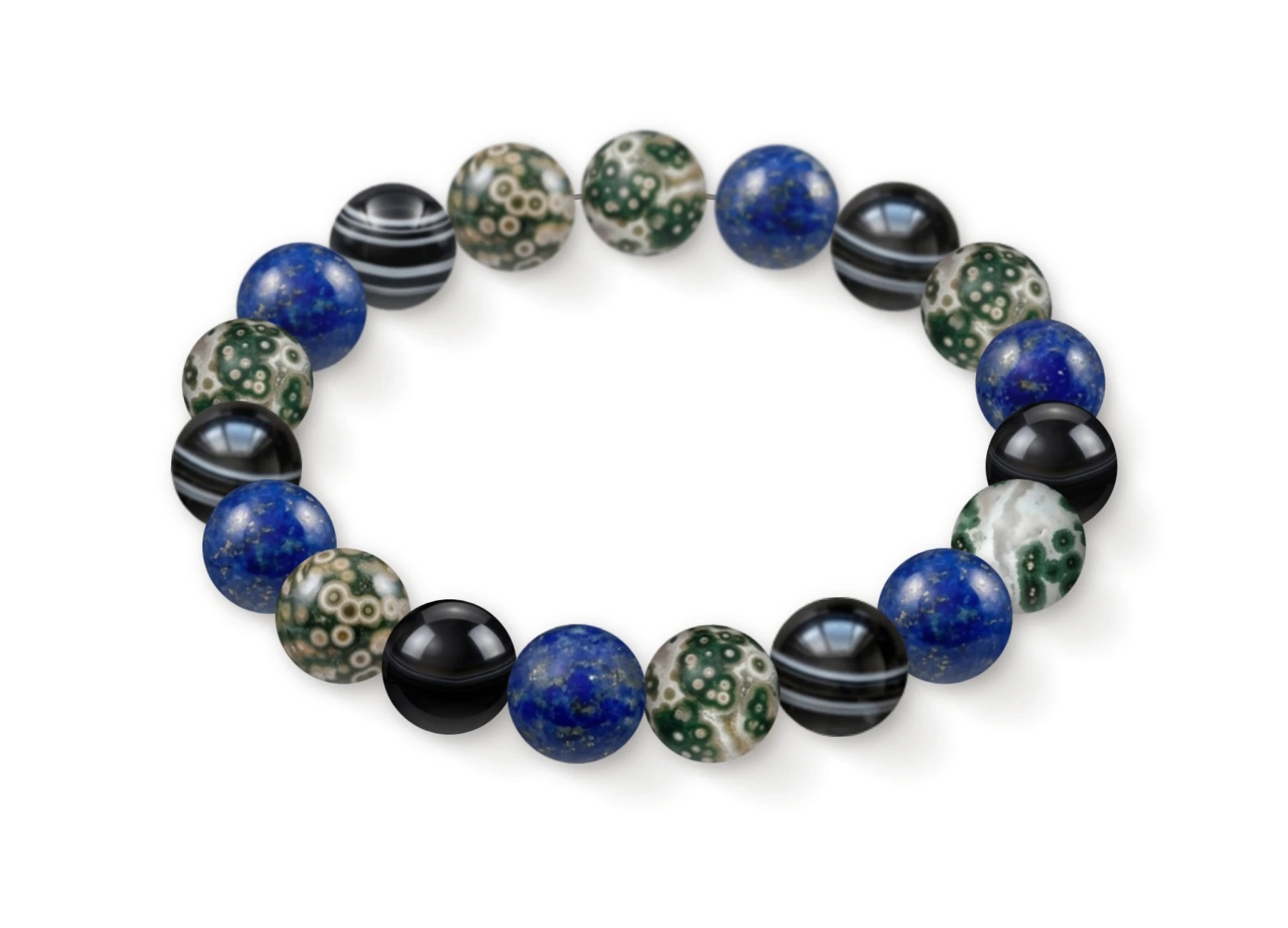 Natural stone bracelet made of Ocean Jasper (×7), Lapis Lazuli (×6), Black Agate (×6), perspective view