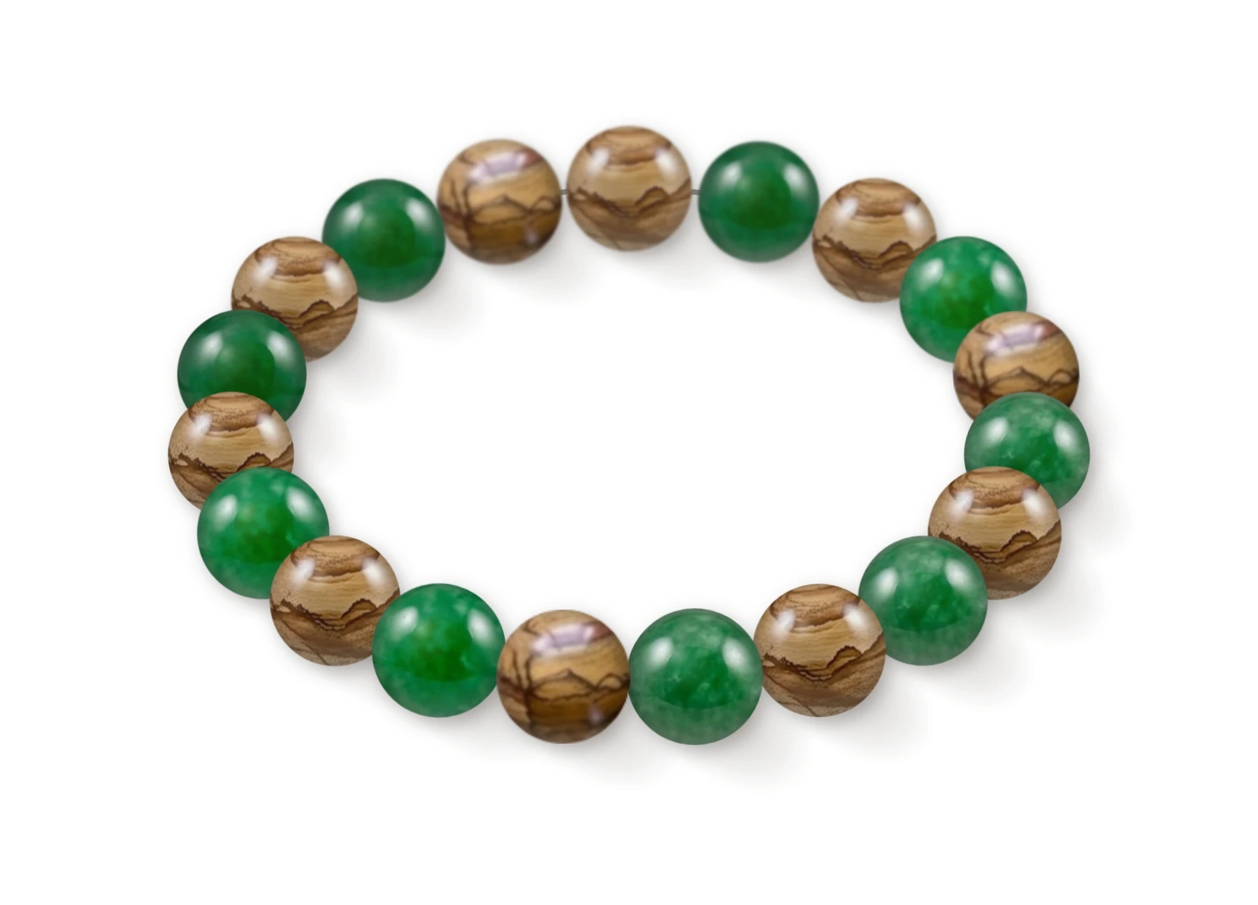 Natural stone bracelet made of Picture Jasper (×10), Green Dyed Quartz (Malaysia Jade) (×9), perspective view