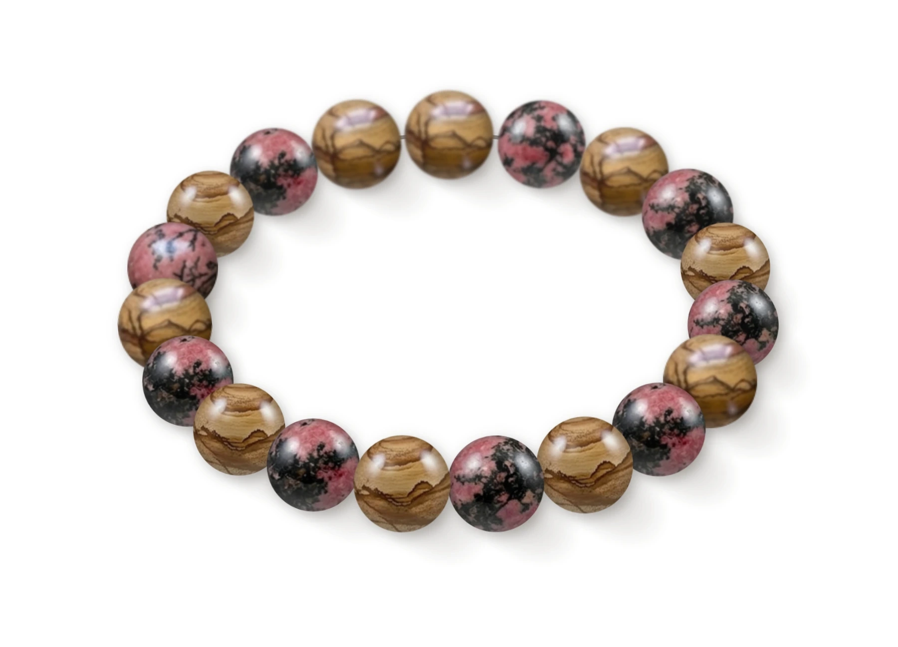 Natural stone bracelet made of Picture Jasper (×10), Rhodonite (×9), perspective view