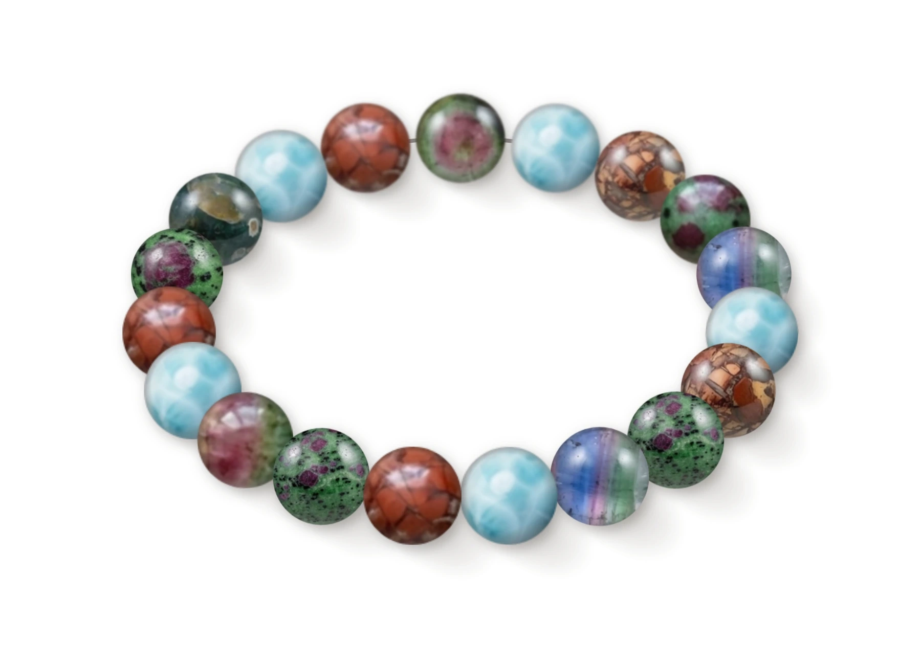 Natural stone bracelet made of Rainbow Tourmaline (×5), Larimar (×5), Brecciated Jasper (×5), Ruby Zoisite (×4), perspective view