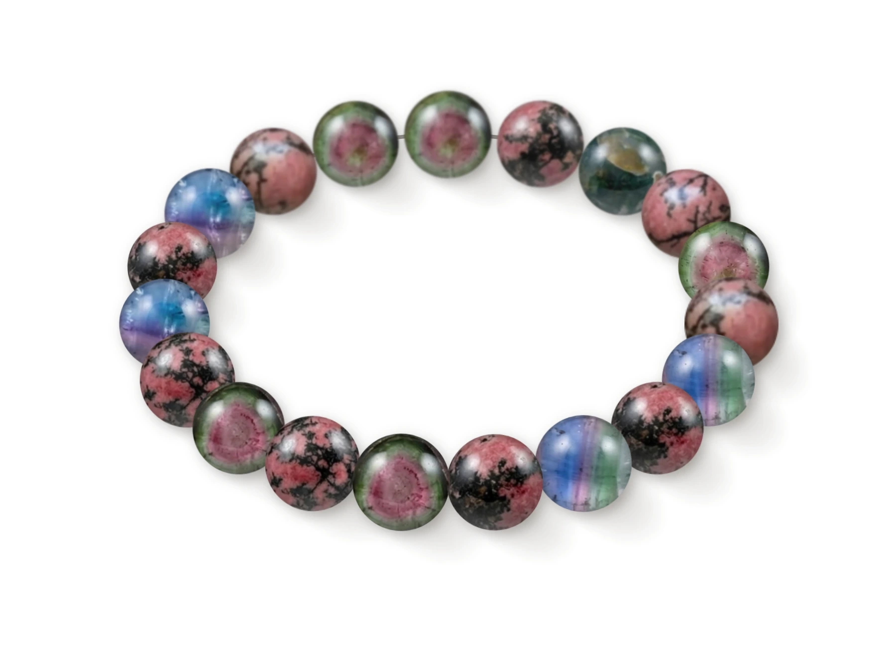 Natural stone bracelet made of Rainbow Tourmaline (×10), Rhodonite (×9), perspective view