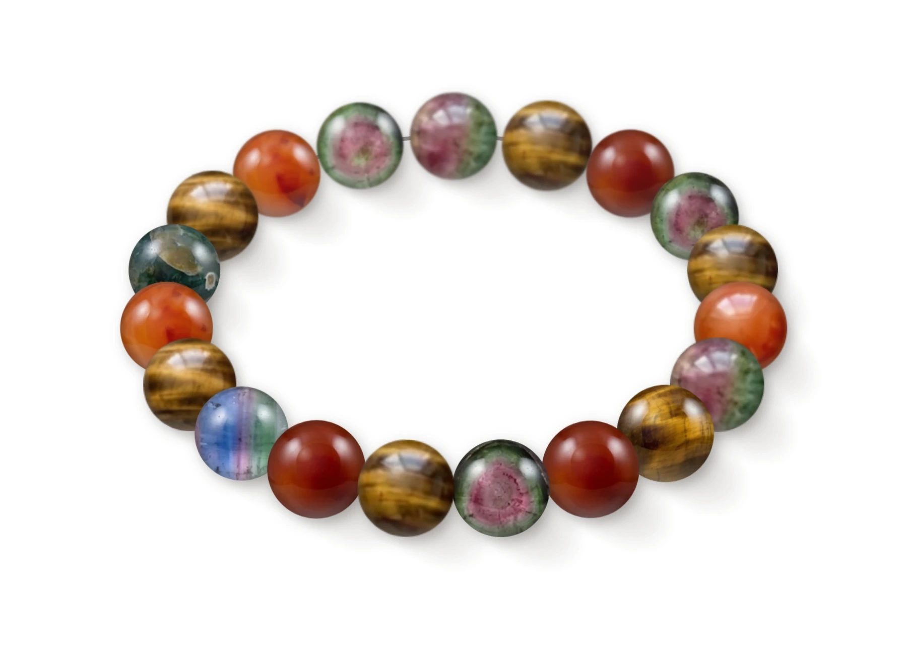 Natural stone bracelet made of Rainbow Tourmaline (×7), Tiger's Eye (×6), Carnelian (×6), perspective view