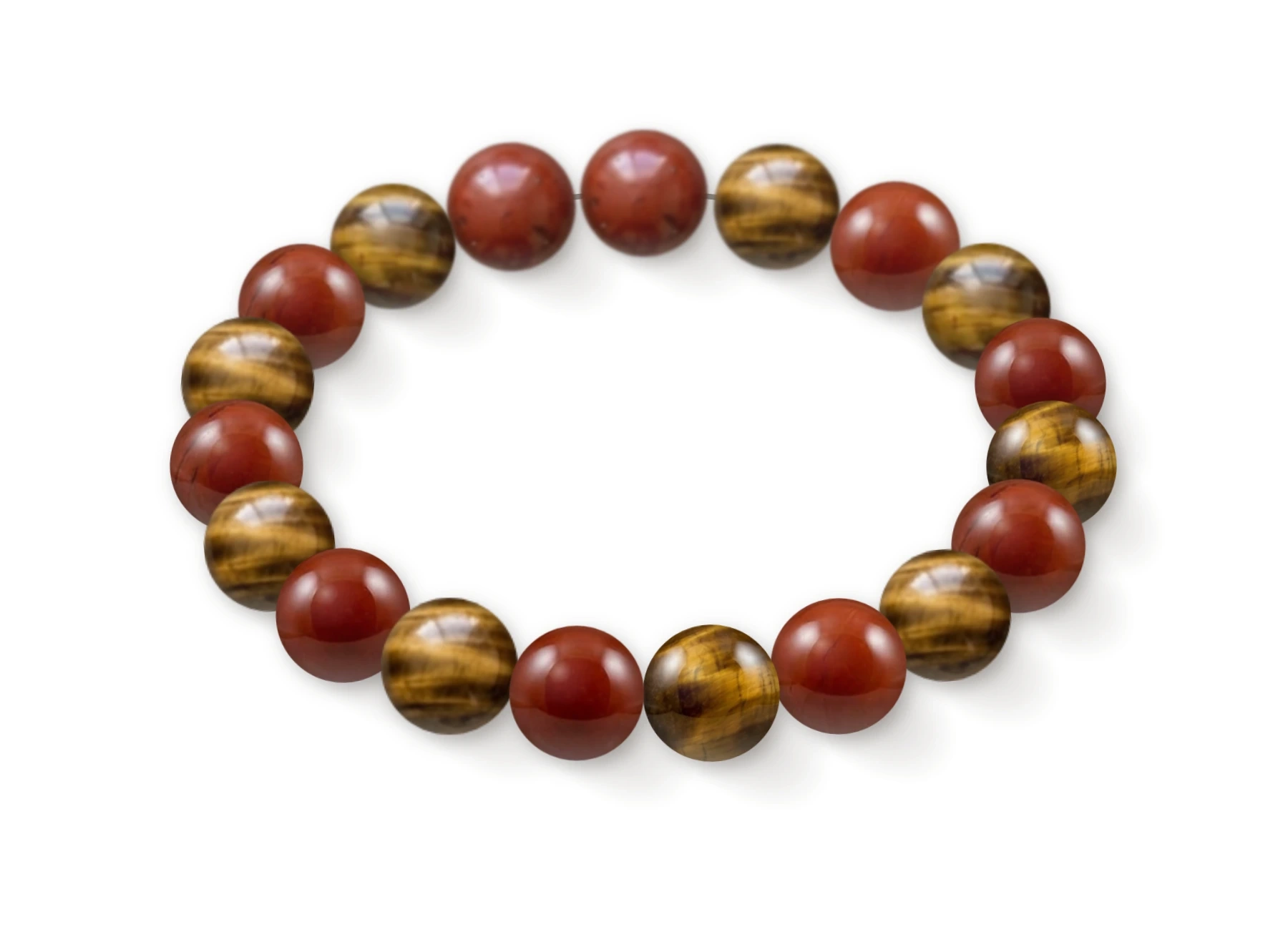 Natural stone bracelet made of Red Jasper (×10), Tiger's Eye (×9), perspective view