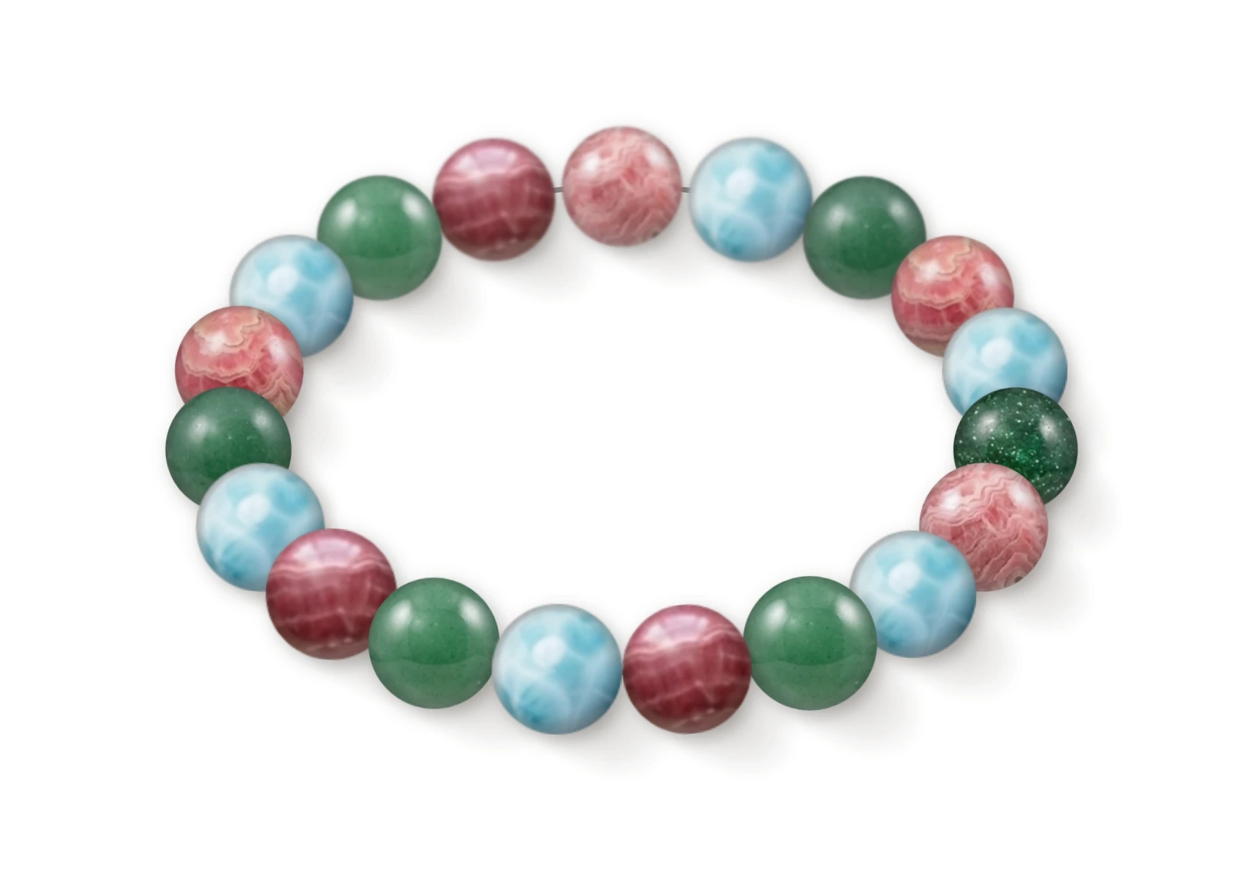 Natural stone bracelet made of Rhodochrosite (×7), Larimar (×6), Aventurine (×6), perspective view