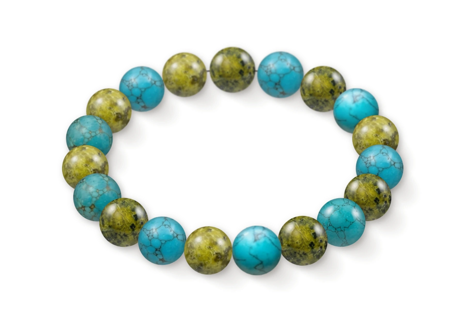 Natural stone bracelet made of Serpentine (×10), Turquoise (×9), perspective view