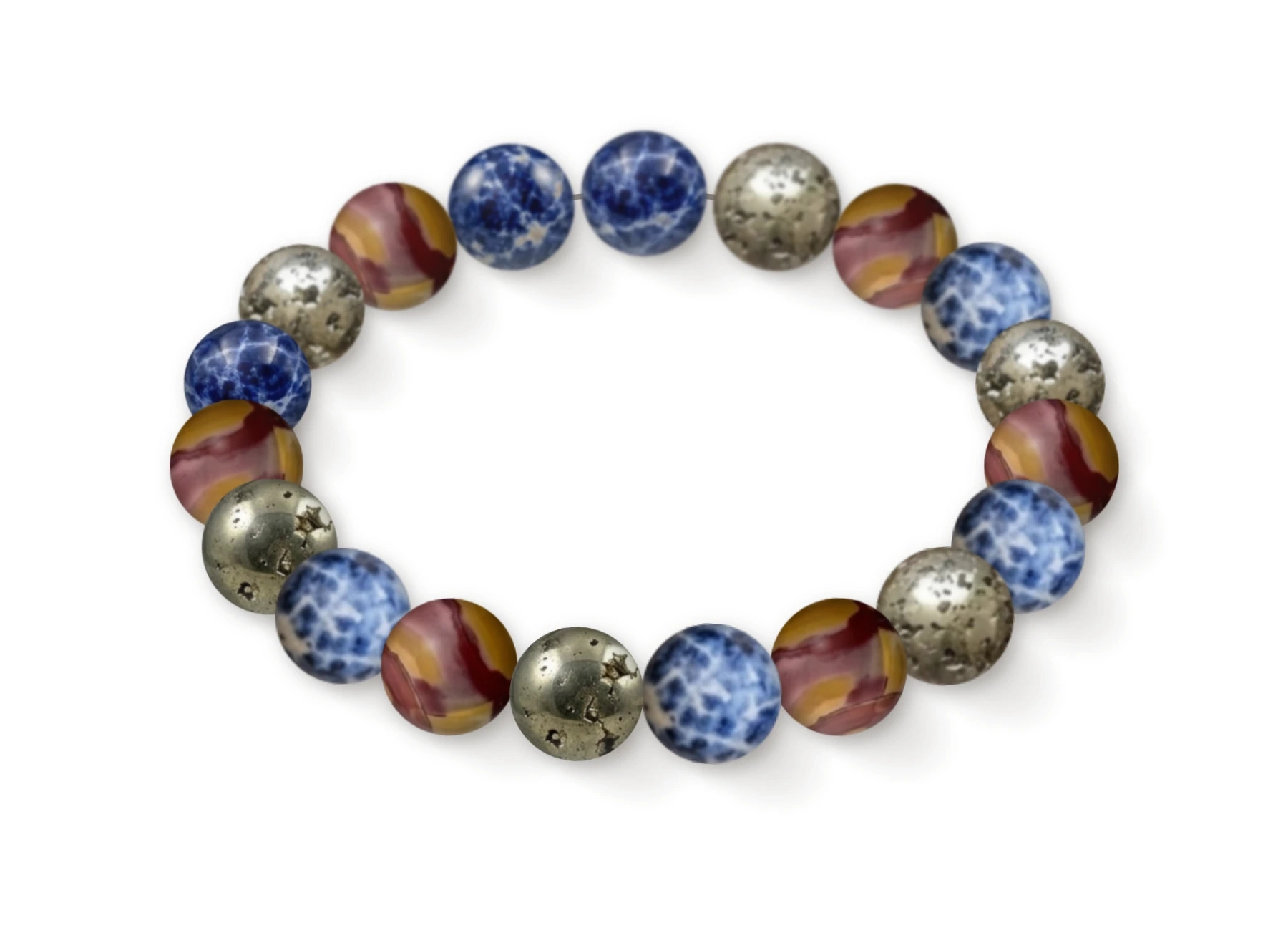Natural stone bracelet made of Sodalite (×7), Pyrite (×6), Mookaite Jasper (×6), perspective view