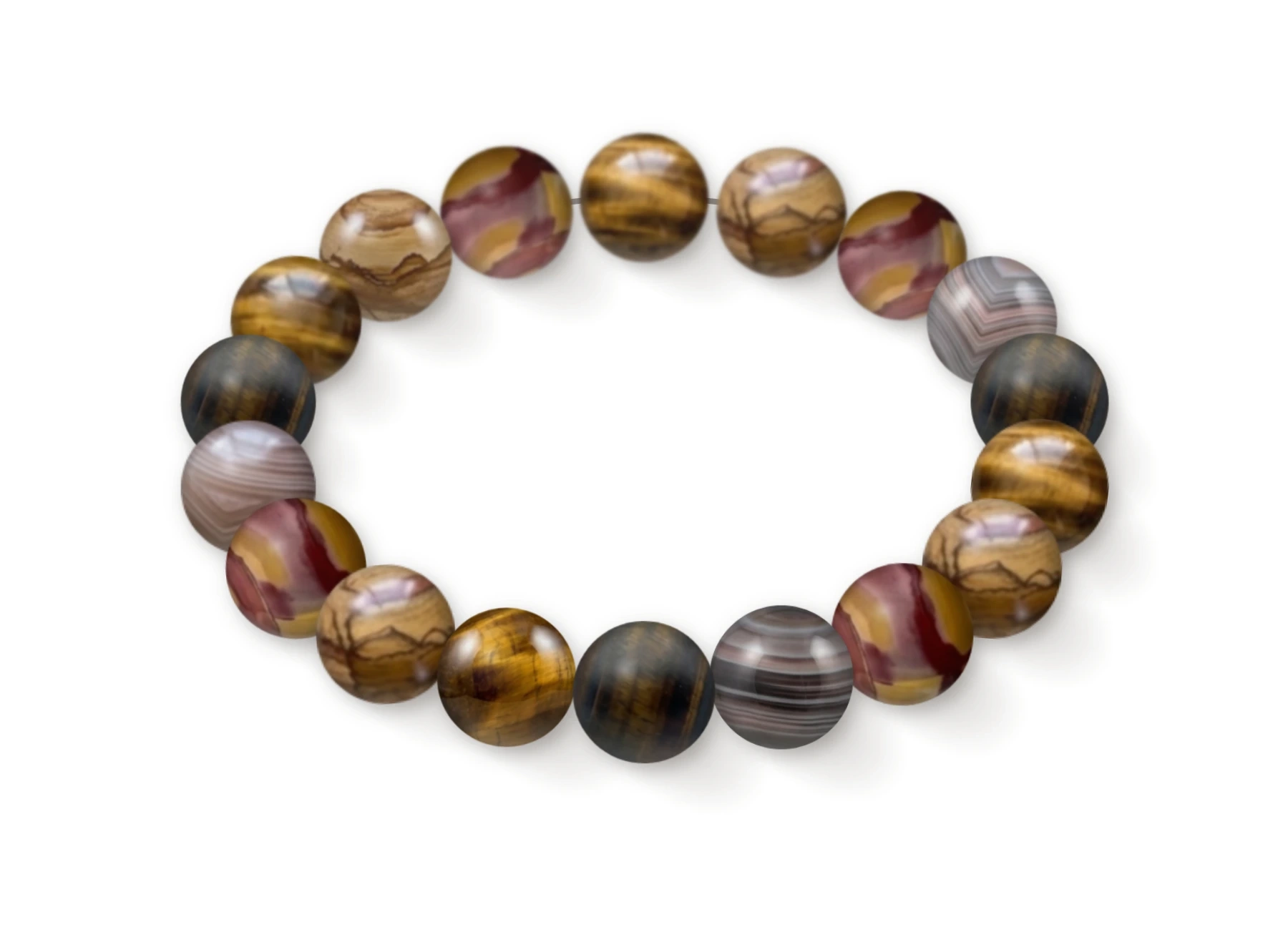 Natural stone bracelet made of Tiger's Eye (×4), Picture Jasper (×4), Mookaite Jasper (×4), Botswana Agate (×3), Iron Eye (×3), perspective view