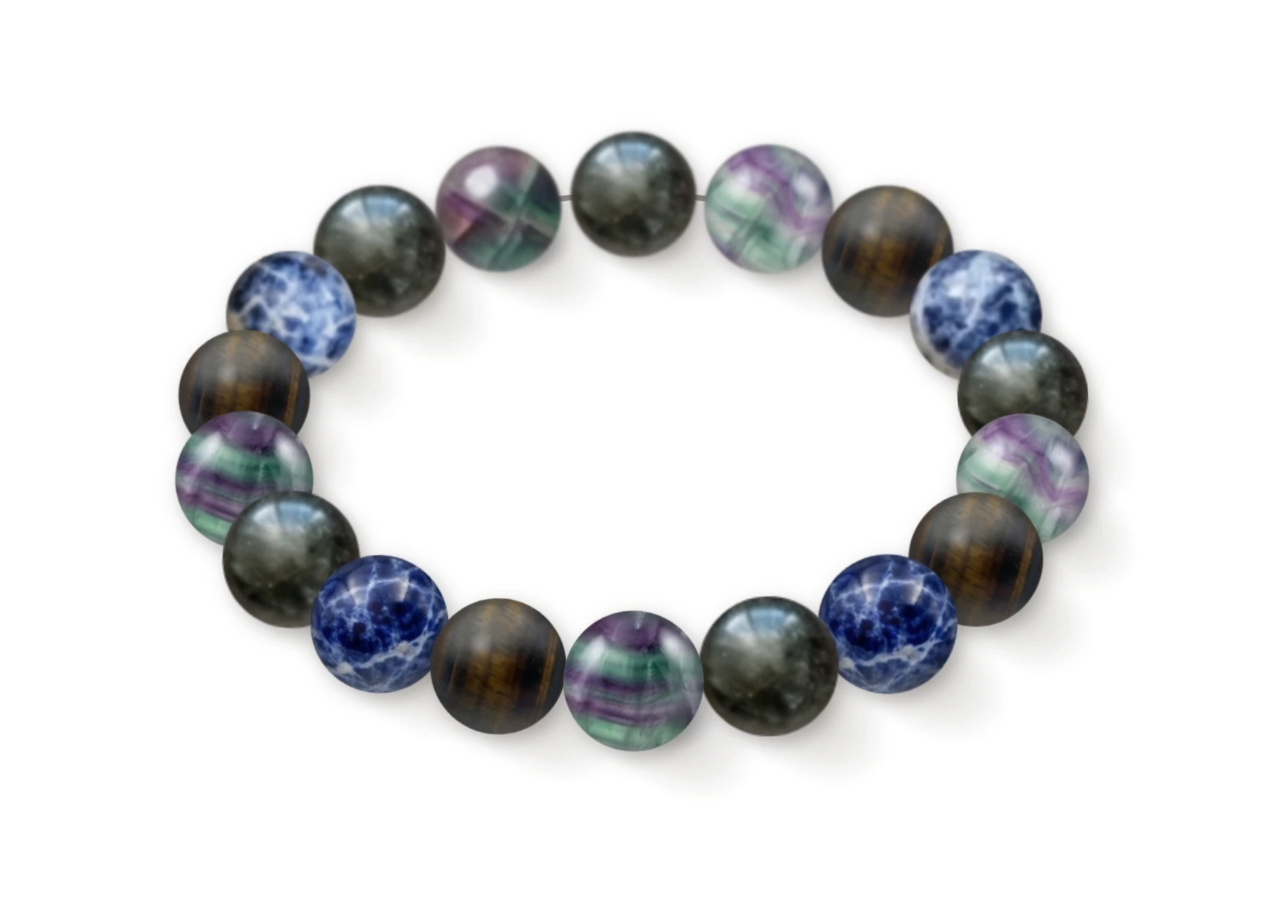 Natural stone bracelet made of Tourmaline (×5), Fluorite (×5), Iron Eye (×4), Sodalite (×4), perspective view
