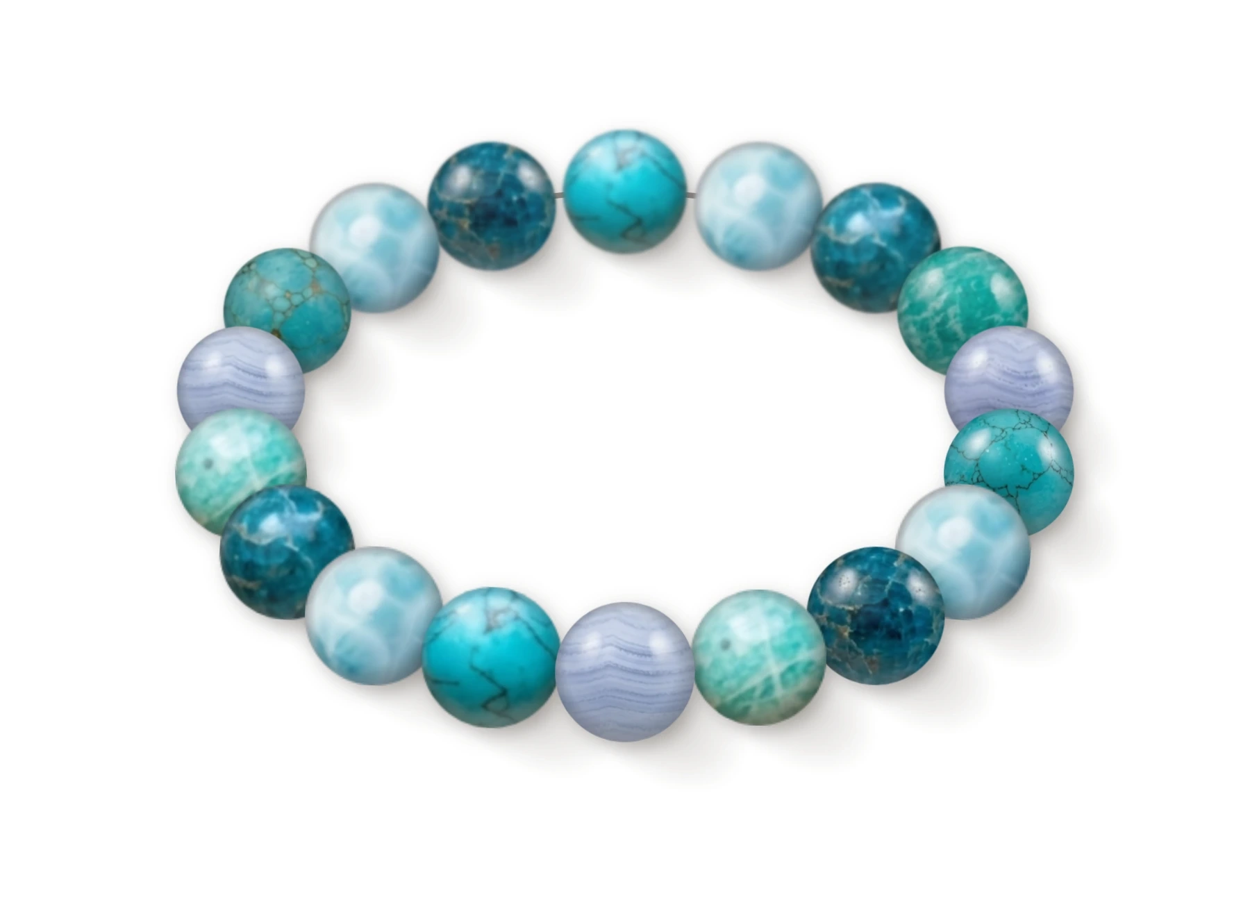 Natural stone bracelet made of Turquoise (×4), Larimar (×4), Blue Apatite (×4), Amazonite (×3), Blue Lace Agate (×3), perspective view