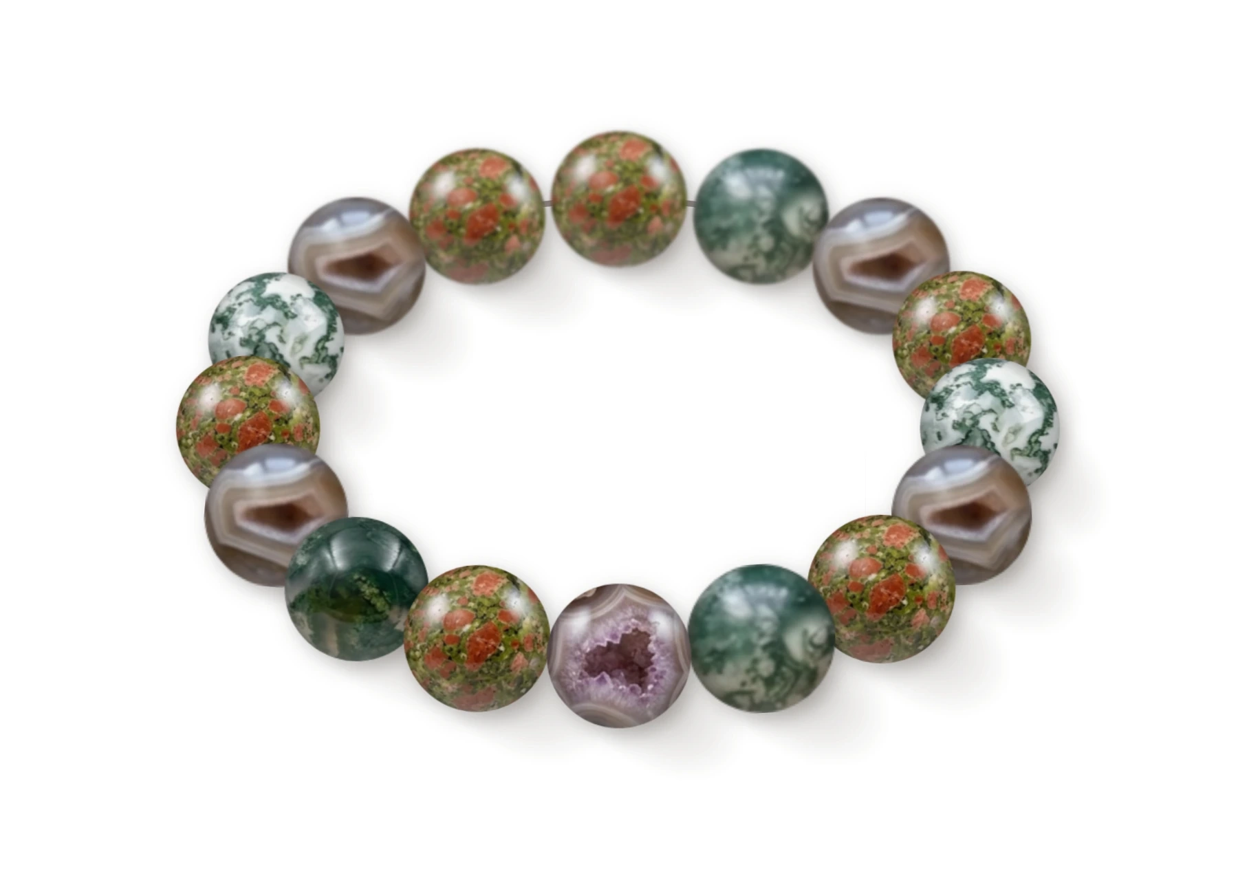 Natural stone bracelet made of Unakite (×6), Moss Agate (×5), Geode Agate (×5), perspective view