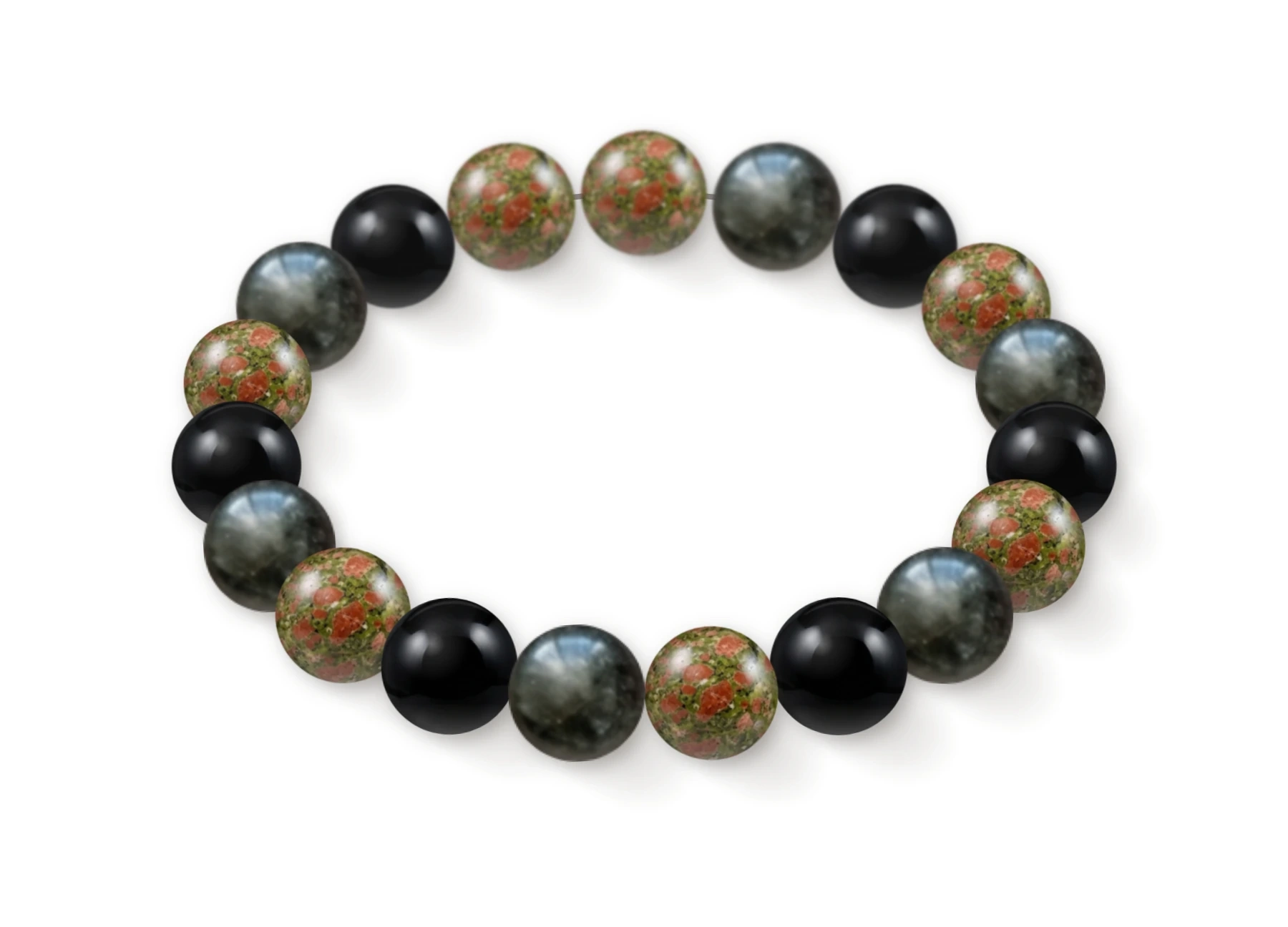 Natural stone bracelet made of Unakite (×7), Tourmaline (×6), Black Onyx (×6), perspective view