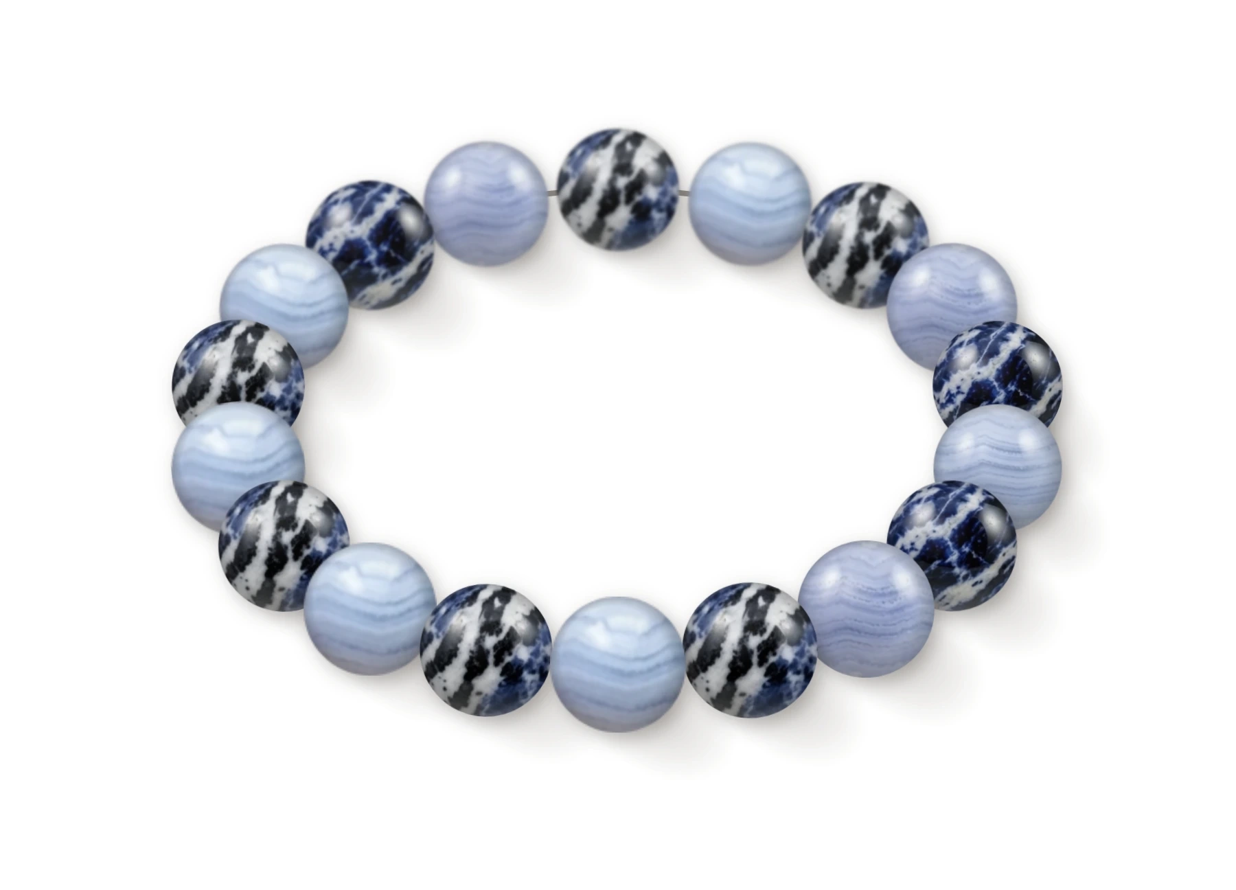 Natural stone bracelet made of Zebra Sodalite (×9), Blue Lace Agate (×9), perspective view